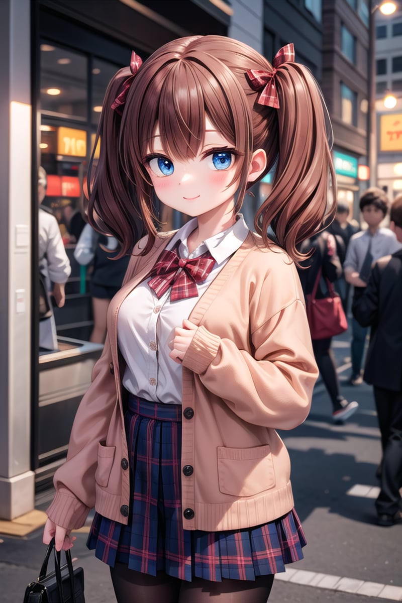 insanely detailed, absurdres, ultra-highres, ultra-detailed, best quality,1girl, solo, nice hands, perfect handsBREAK(School Uniforms:1.2), (pink cardigan is fit body:1.4), ((do up a buttons, not loose):1.5), ((long sleeve, sleeves past wrists):1.2), (inner wear is white collared-shirt:1.3), (red plaid-pattern bow:1.3), (red plaid-pattern pleated skirt:1.3), ((dark-brown pantyhose, loafers):1.2)BREAK(nsfw:-1.5)BREAKhappy smile, laugh, closed mouthBREAK,standing, cowboy shot, looking at viewerBREAKslender, kawaii, perfect symmetrical face, ultra cute girl, ultra cute face, ultra detailed eyes, ultra detailed hair, ultra cute, ultra beautifulBREAKin street, cityscape in harajuku, depth of field, ultra detailed backgroundBREAKmedium large breastsBREAKhime cut, (low twintails:1.3), messy hair, medium hair, (red brown hair, dark blue eyes:1.3)<lora:eyecolle_torenia_v100:0.5> <lora:eyecolle_nadeshiko_v100:0.5>