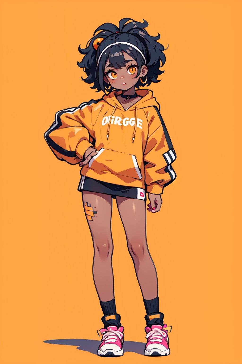 (A African black woman) holding big orange. Her decked out in an big orange themed ensemble,complete with a hoodie adorned. Her laid-back demeanor contrasts with the vibrant,spooky accessories. ((on an orange background)). array of tattoos,