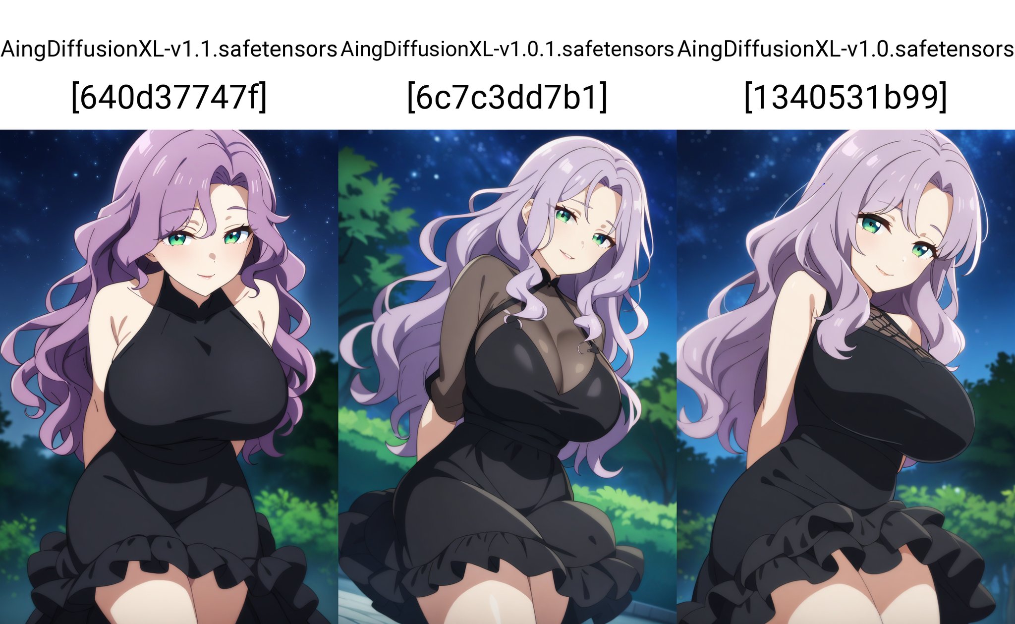 1girl, solo, mature female, anime coloring,long hair, wavy hair, purple hair, green eyes, large breasts, frilled dress, black dress, seductive smile, arms behind back,park, night, starry sky, looking at viewer,masterpiece, best quality, very aesthetic, absurdres,