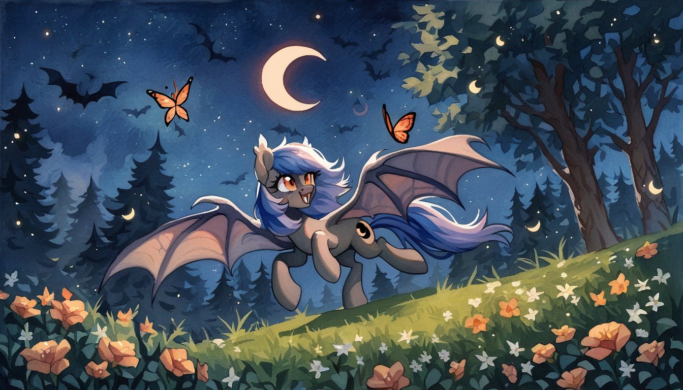 score_9, score_8_up, score_7_up, score_6_up, score_5_up, score_4_up, rating_safe, bat pony, butterfly, female, mare, pony, solo, crescent moon, flower, moon, night, oc, open mouth, scenery, tree, wings, oc only, spread wings, bat pony oc, watercolor painting, traditional art, <lora:MLP_Watercolor_Painting_v1-000006:1>