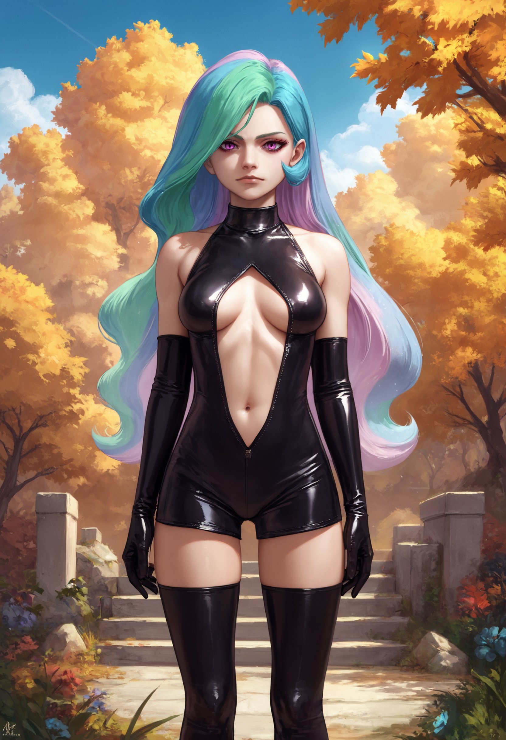 zPDXL, source_anime, 1girl,human celestia,black latex princess, thighhighs, elbow gloves, breasts apart, boxers under dress, standing, cowboy shot, thighs, outdoors, blue sky,<lora:latex-princess-ot6-1560:0.8>