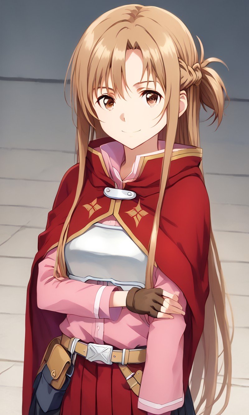 <lora:sdxl-sao-asuna-pony:0.8> asuna, sao, 1girl, solo, brown eyes, brown hair, long hair, bangs, medium breasts, french braid +++ breastplate, pink long sleeves shirt, belt,  black pleated skirt, zettai ryouiki, gray boots, fingerless gloves, red cape +++ drawing rapier , squinting eyes, smile