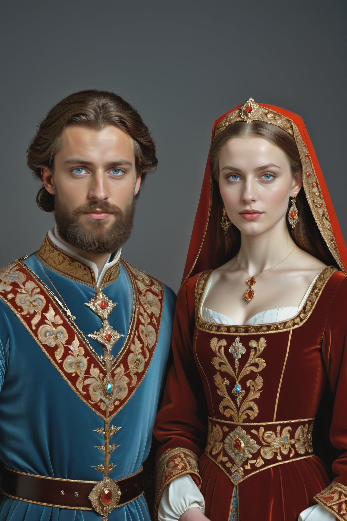 Husbands of the monarchy,  35 year olds,  porcelain white skin,  blue-gray eyes,  neat brown hair,  Bearded man and beautiful woman with traditional Russian ornamentation with gold details and red fabrics,  (Moscow Principality Monarchy of the 13th century),  twilight environment with a dim light on their faces,  ultra detailed,  (photorealistic),  perfect eyes,  perfect anatomy,  ((photorealistic skin-textured faces)), Movie Still, <lora:EMS-55381-EMS:0.600000>, , <lora:EMS-58015-EMS:0.300000>, , <lora:EMS-17097-EMS:0.200000>