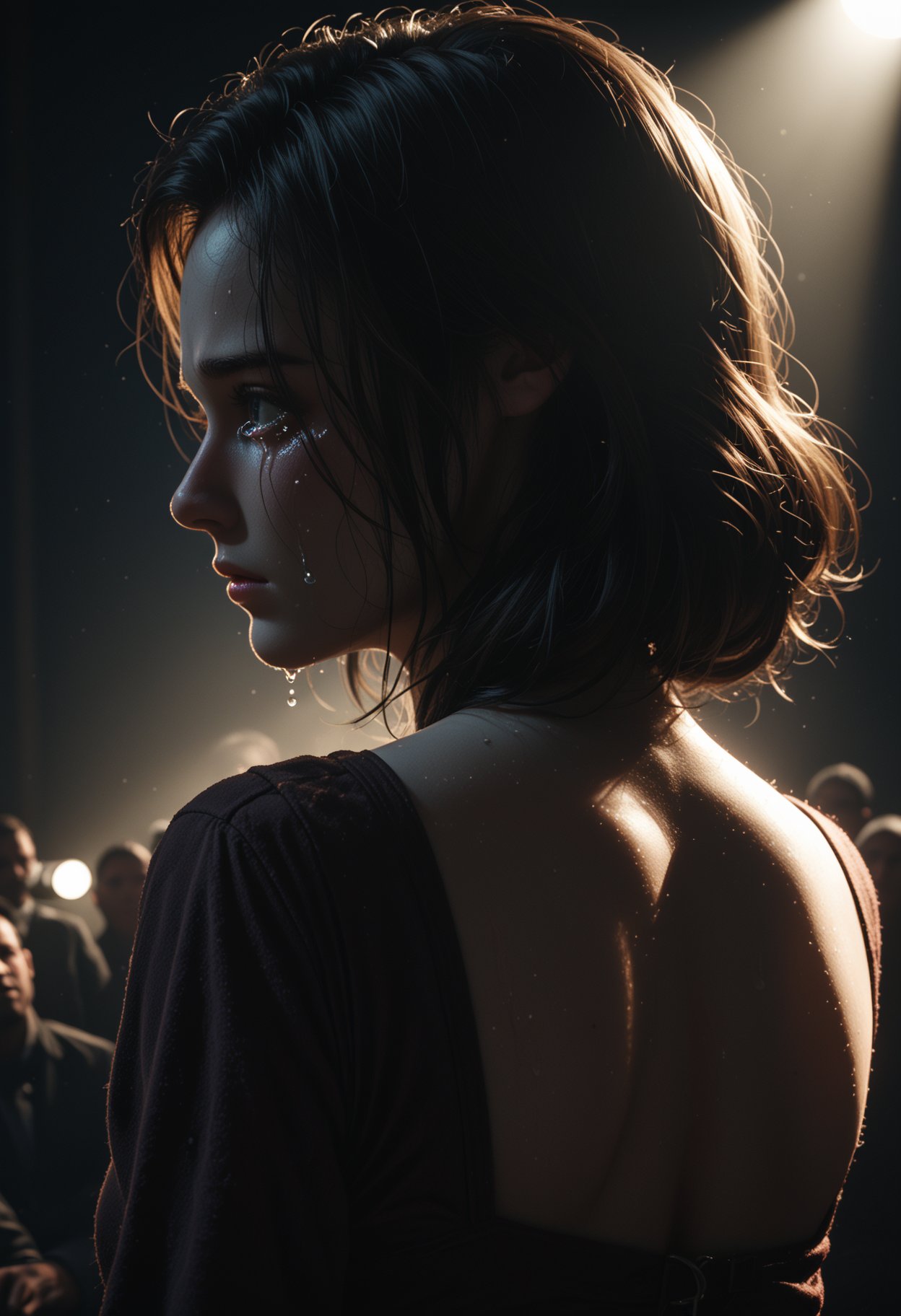 The woman's back is turned to the audience,looking back to the audience,a look of despair in her eyes,tears streaming down,shot from top to bottom,dark style,rich colors,dark colors,dim light,, score_9,beast_quality,masterpiece,8k,dramatic lighting,cold colors,