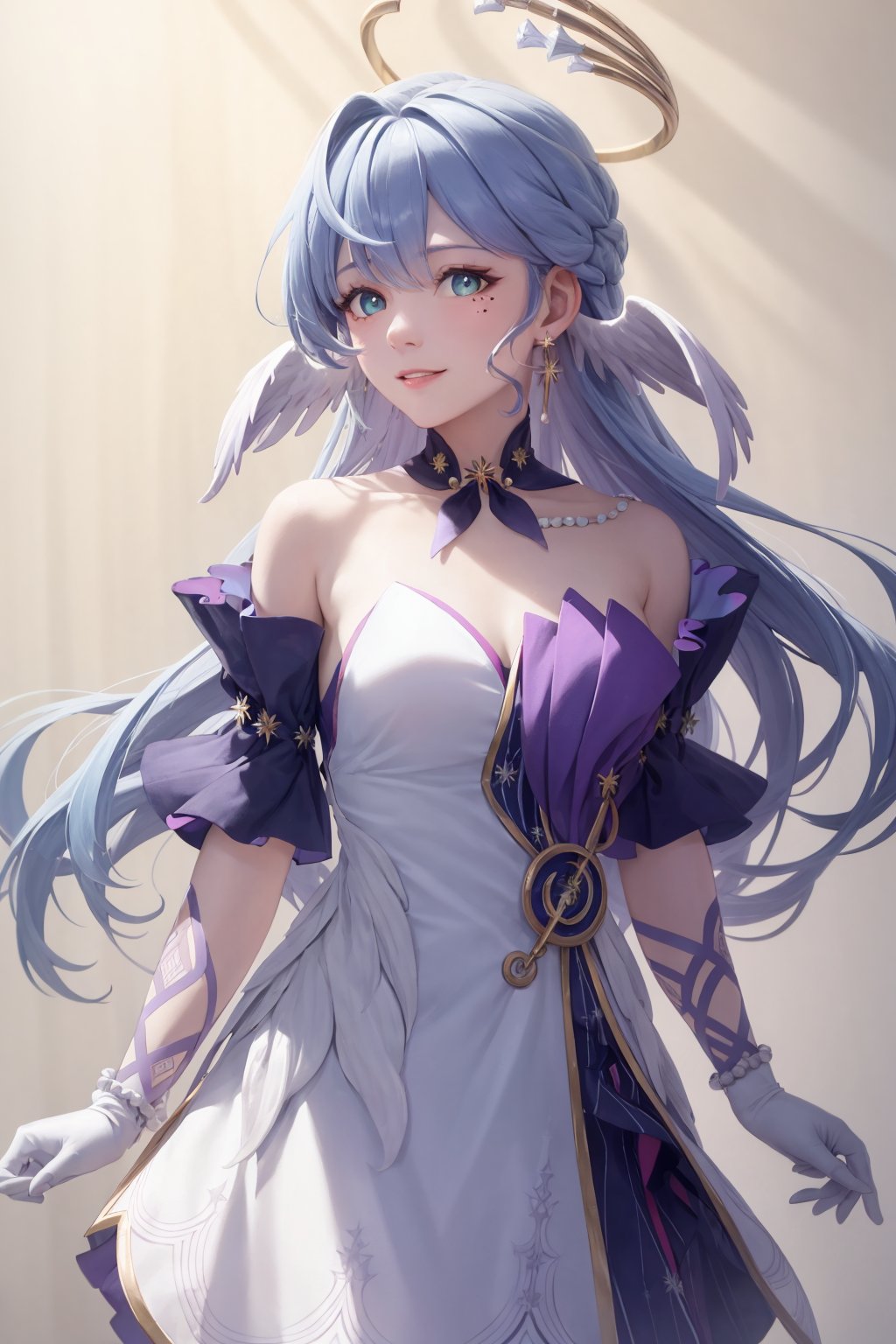 masterpiece, best quality,  <lora:robin:1>,1girl,solo,halo,long hair,blue hair,hair ornament,earrings,mole,blue eyes,jewelry,white gloves,bare shoulders, white dress, grey background, cowboy shot, light smile,light on face,