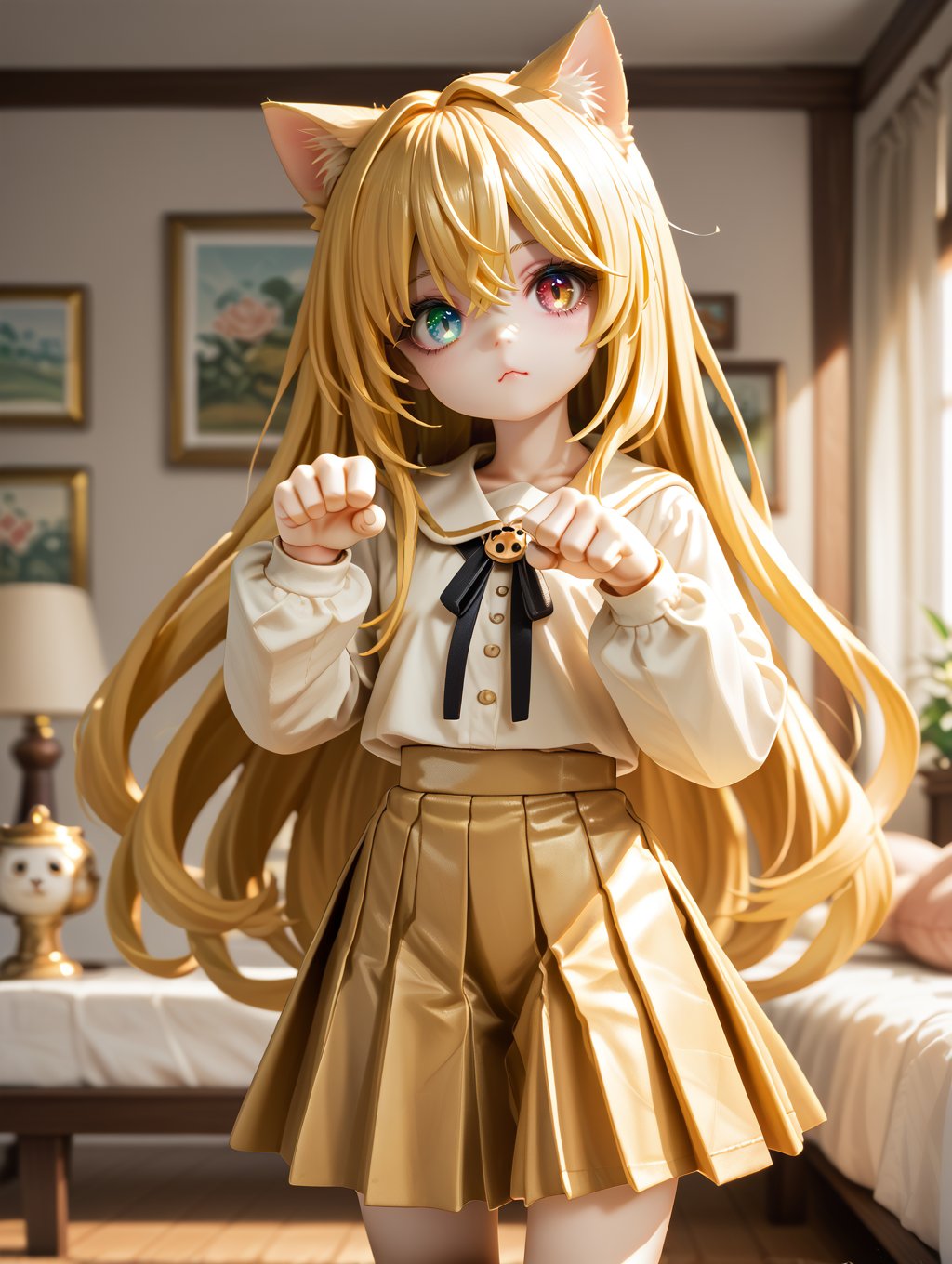 score_9, score_8_up, score_7_up,doll, 1girl,very long hair, gold hair, heterochromia, eye reflection, paw pose, cat ears, pleated skirt, indoors,  