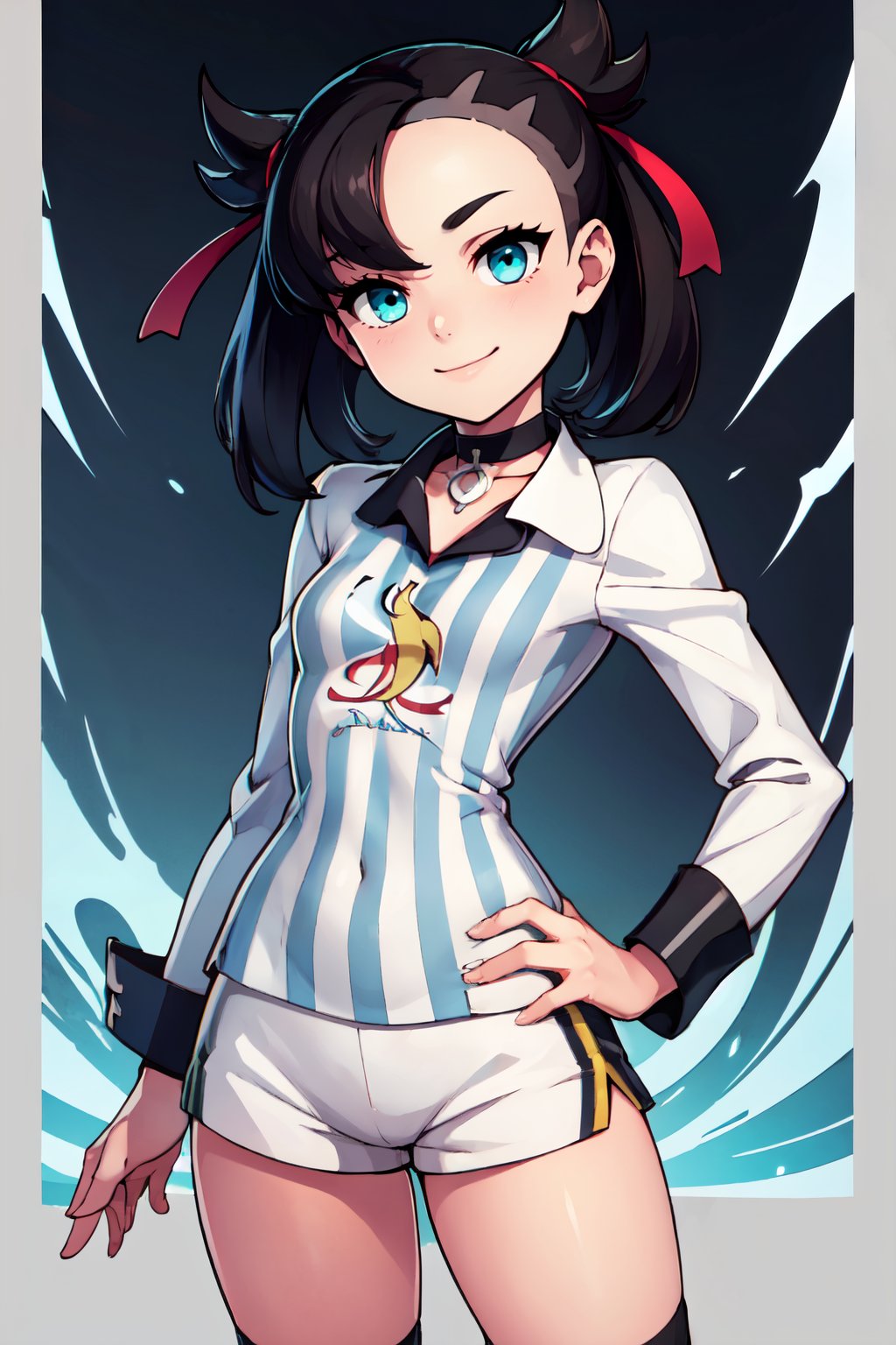 ((masterpiece,best quality)), absurdres,  BREAK, , <lora:MarnieGloriaSD_v1:0.8>,  zzMarnie, aqua eyes, black choker, red ribbon,  gloriaUniform, collared shirt, white socks, white shorts, short shorts, kneehighs, striped shirt, print shirt, vertical stripes,, BREAK, hip to the side, contrapposto,, BREAK, solo, smile, looking at viewer, cowboy shot,