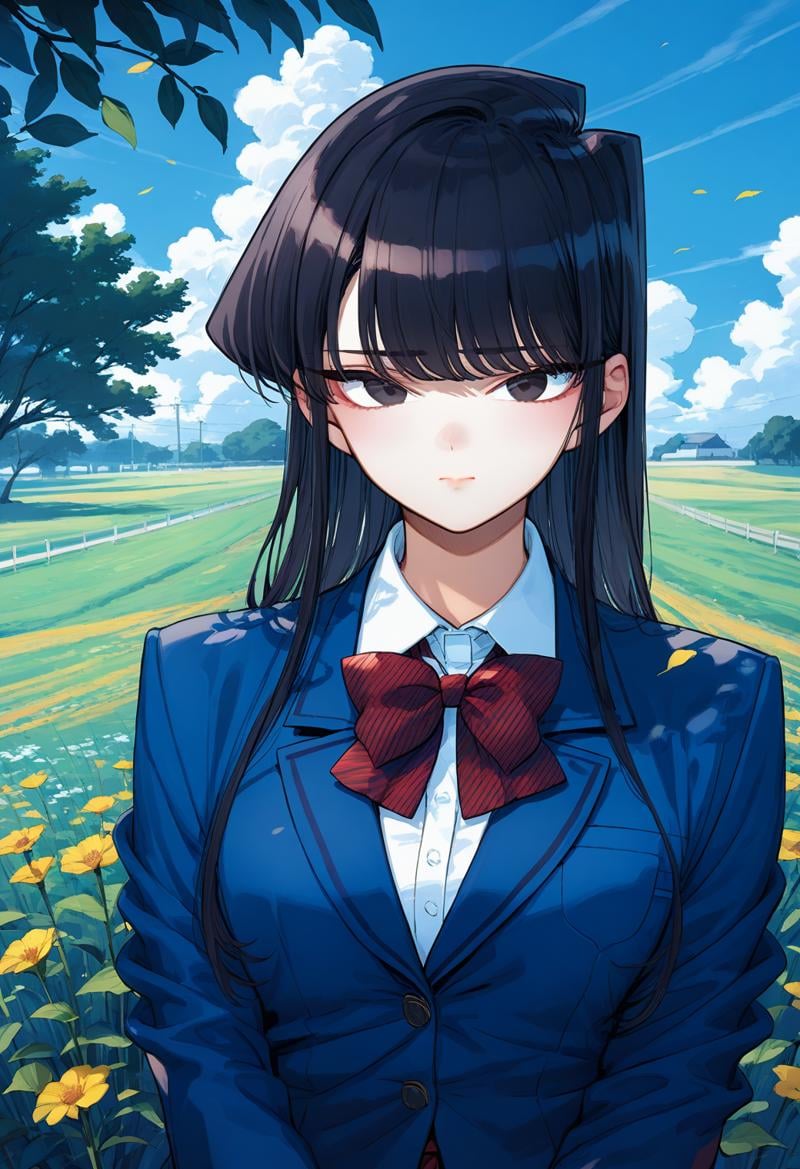 1girl, solo, (field:1.2), (sky:1.2), (upper body:1.4), embarrassed, looking at viewer, komi_shouko, black eyes, black hair, long hair, school uniform, red bowtie, blue jacket, blazer, long sleeves, striped, pleated skirt, red skirt, <lora:komi_shouko_pony_ver2:0.8>, score_9, score_8_up, score_7_up, source_anime, best quality, uncensored,