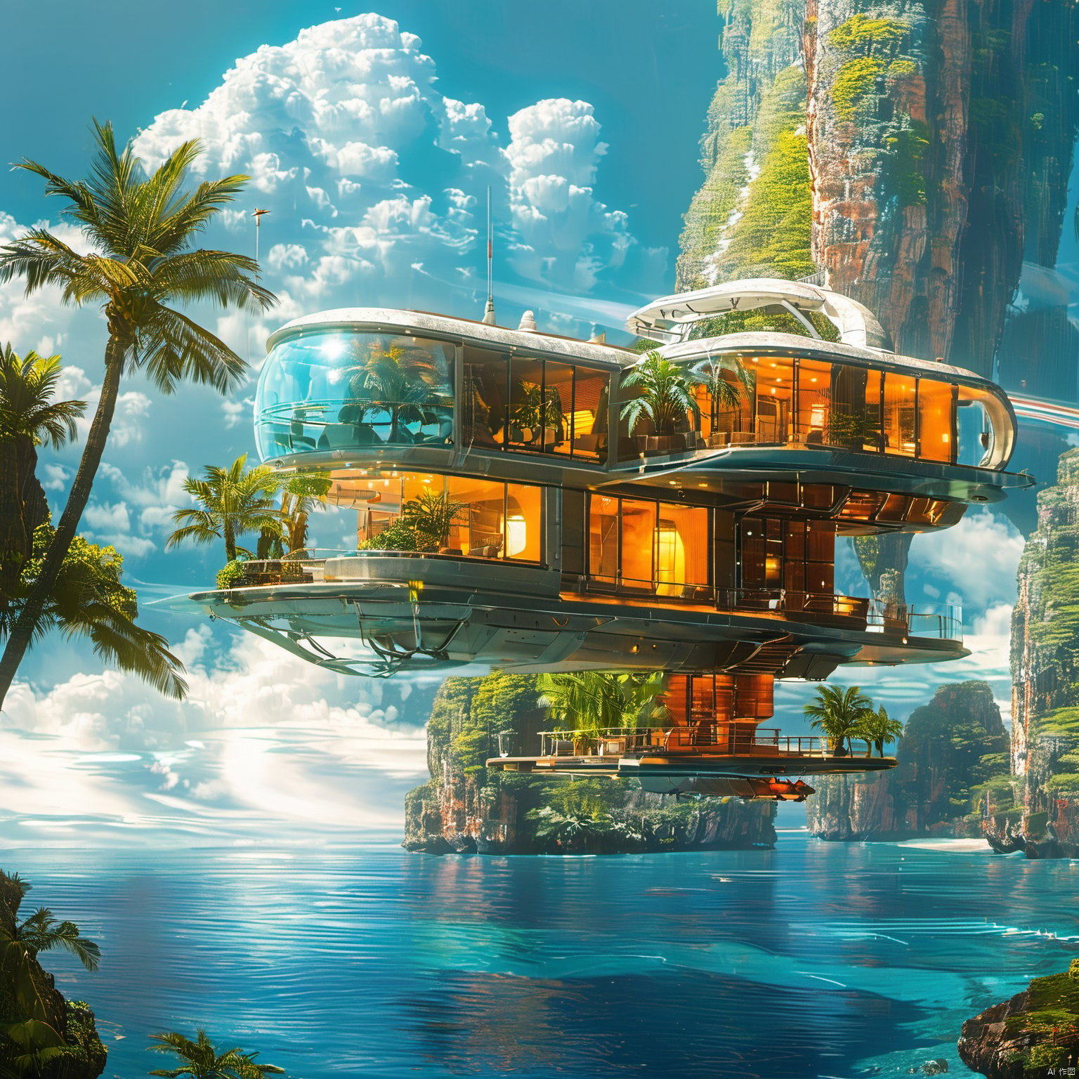 The image showcases a futuristic, floating house situated above a serene body of water. The house is designed with a combination of transparent and opaque sections, allowing for a panoramic view of the surroundings. It features multiple levels, with balconies, terraces, and a helipad. The house is adorned with various plants, including palm trees, and has a modern architectural style. In the background, there are rocky cliffs and a vast expanse of water, with a few distant islands visible. The sky is partly cloudy, and there's a sense of tranquility and luxury emanating from the scene.<lora:EMS-342266-EMS:1.000000>