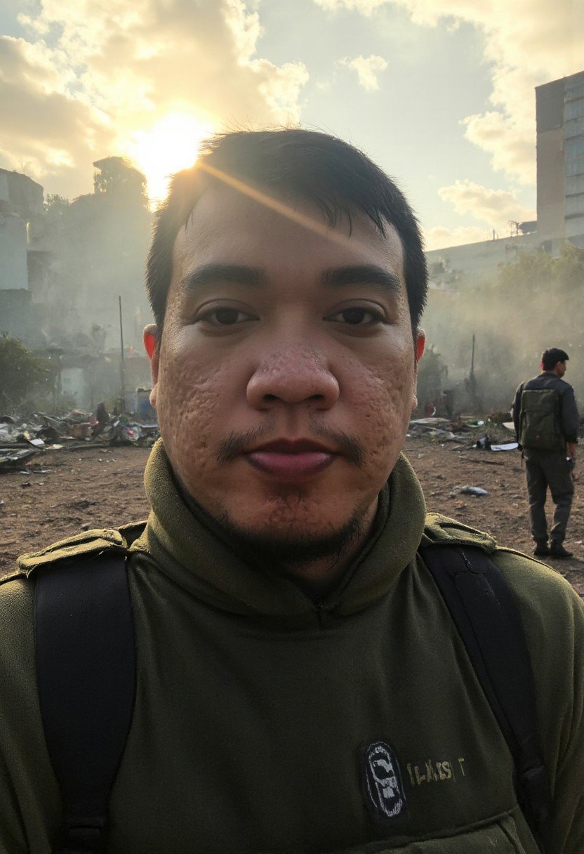 Who appears to be of Southeast Asian descent,  arifaridho. A man with a calm and composed expression stands amidst a war-t...