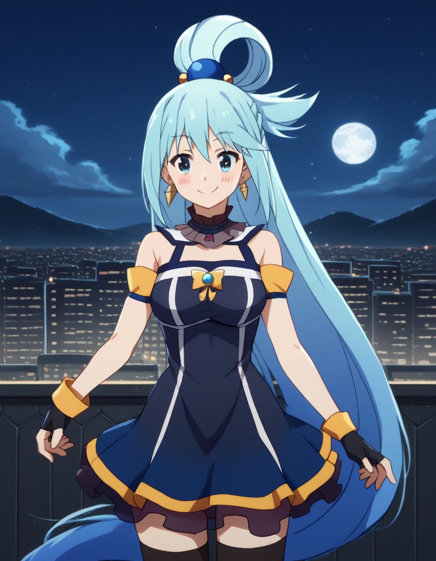 score_9, score_8_up, score_7_up, source_anime, konosubaaqua, <lora:konosuba-aqua-s2-ponyxl-lora-nochekaiser:1>, aqua (konosuba), long hair, blue eyes, hair ornament, very long hair, blue hair, hair rings, single hair ring, hair bobbles,, <lora:yor-briar-cosplay-ponyxl-lora-nochekaiser:1>, yorbriarcosplay, yor briar \(cosplay\), bare shoulders, black dress, black gloves, cleavage, dress, earrings, gloves, gold earrings, hair ornament, hair band, jewelry, bare shoulders, collarbone, fingerless gloves, thighhighs, black thighhighs,, cityscape, night, moon, blush, smile,, cowboy shot, dutch angle, solo,