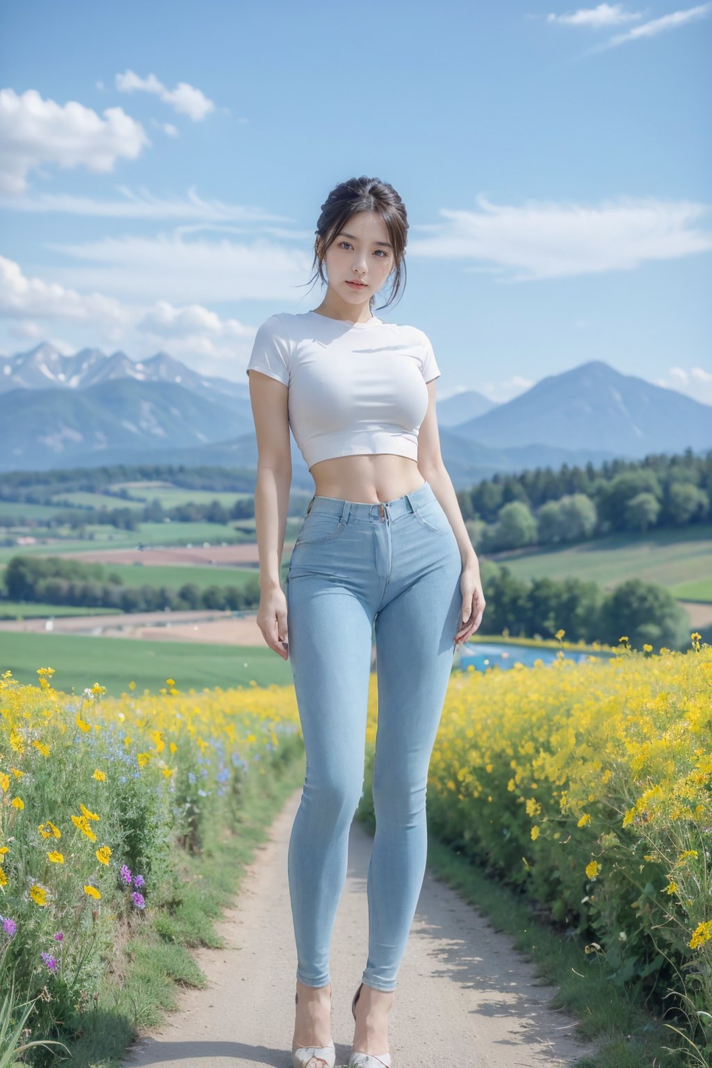 Realistic,masterpiece,best quality,8K,HDR,RAW,1girl,((solo)),(Spring scenery, mountains in the distance, beautiful clouds, rape flower fields),(standing),large breasts,Looking at the audience,full body,(crop top),<lora:ENNE 紧身牛仔裤_v07:1>,enne,jeans,