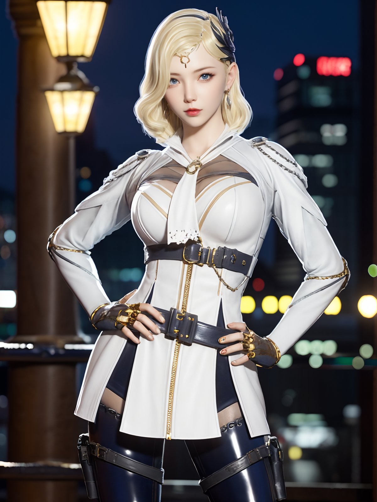 CFchuanshuonvdiBW, 1girl, solo, blonde hair, knee pads, boots, jewelry, fingerless gloves, earrings, cross-laced footwear,hair ornament, holster, blue eyes, short hair, looking at viewer, belt, dress, latex legwear,  <lora:CFchuanshuonvdiBW:0.75>,cityscape, night,hand on hip, 