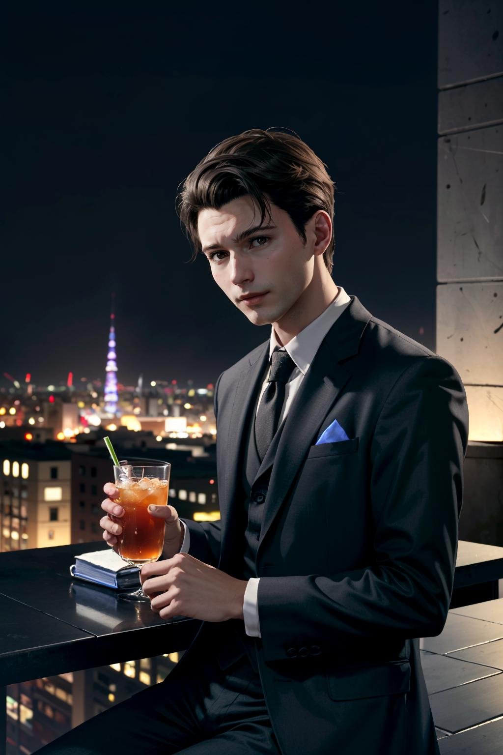 ((ultra detailed, masterpiece, absurdres)) <lora:DBHConnor:0.8>DBHConnor, 1boy, short hair, brown hair, sipping a cocktail at a rooftop bar, with city lights twinkling below