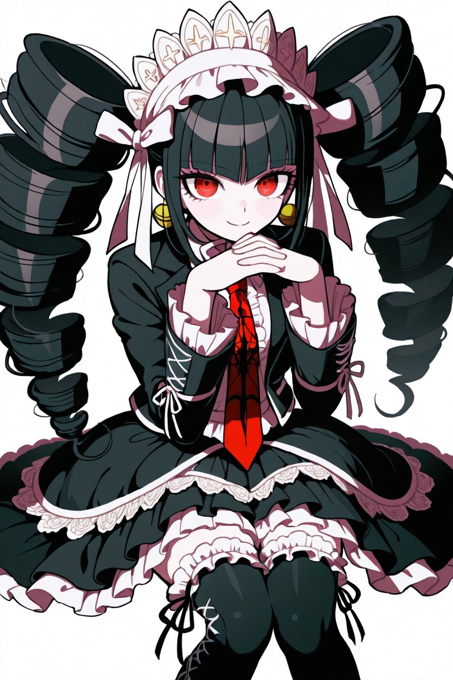 1girl black_hair black_jacket black_skirt black_thighhighs blunt_bangs bonnet celestia_ludenberg closed_mouth corrupted_tw...