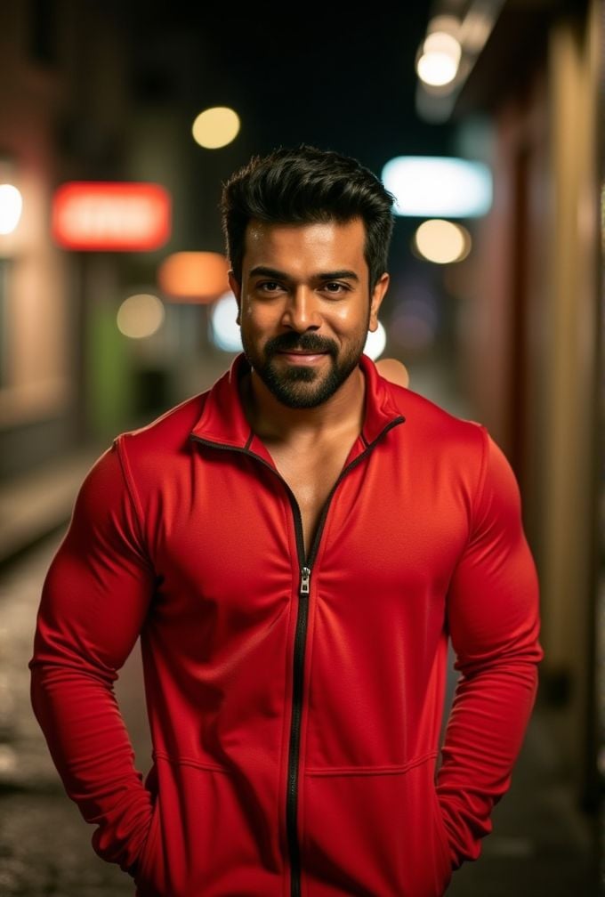 ram charan ,  realistic photo in a worn ((skin-revealing skimpy erotic red tracksuit,  massive pecs)) by HottiesnHotties o...