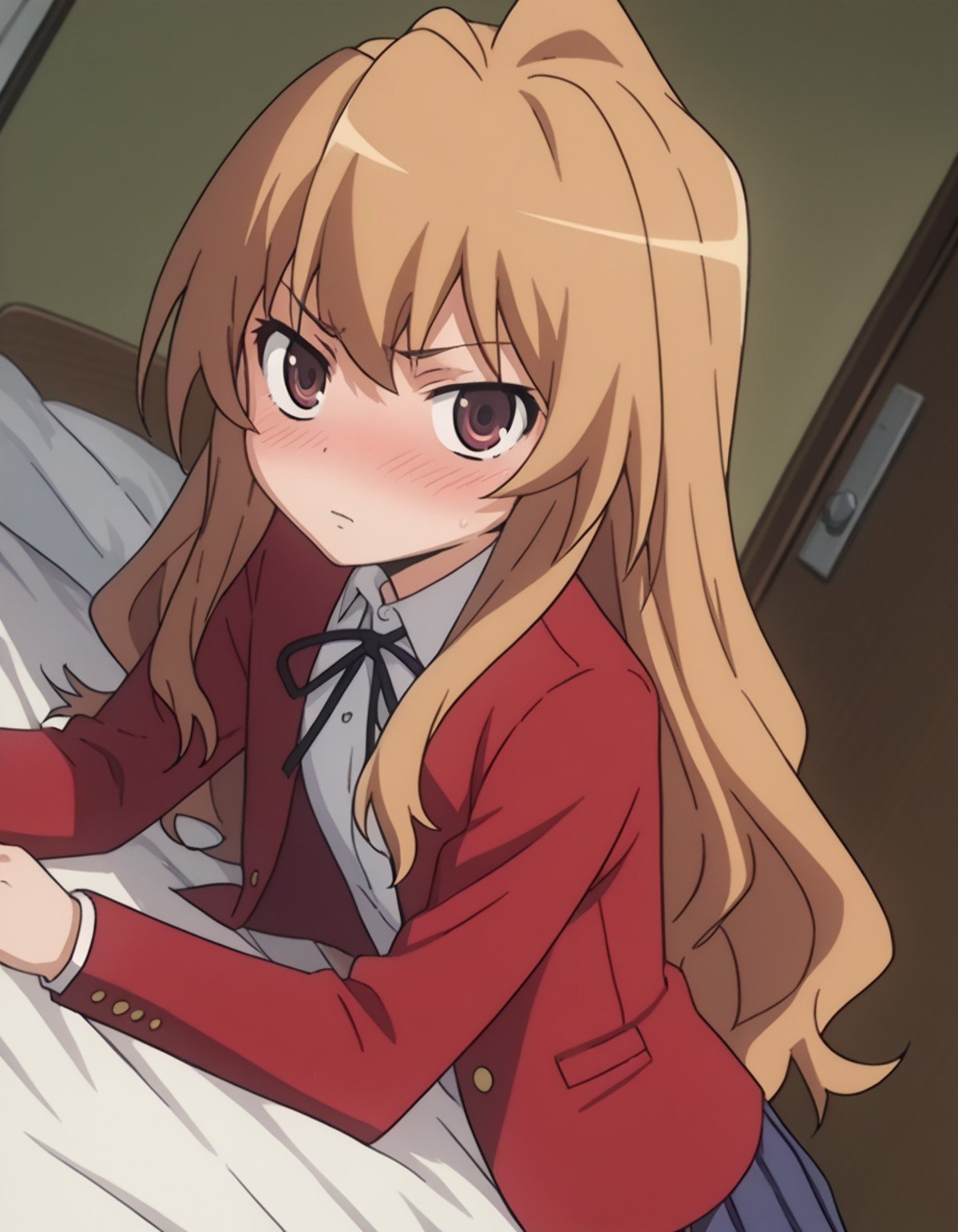 score_9, score_8_up, score_7_up, source_anime,taigaaisaka, <lora:taiga-aisaka-s1-ponyxl-lora-nochekaiser:1>,taiga aisaka, long hair, brown hair, brown eyes,school uniform, oohashi high school uniform, jacket, red jacket, long sleeves, shirt, white shirt, collared shirt, ribbon, skirt, pleated skirt,indoors, bed, bed room, on side, blush, drunk,looking at viewer, solo, cowboy shot, dutch angle,