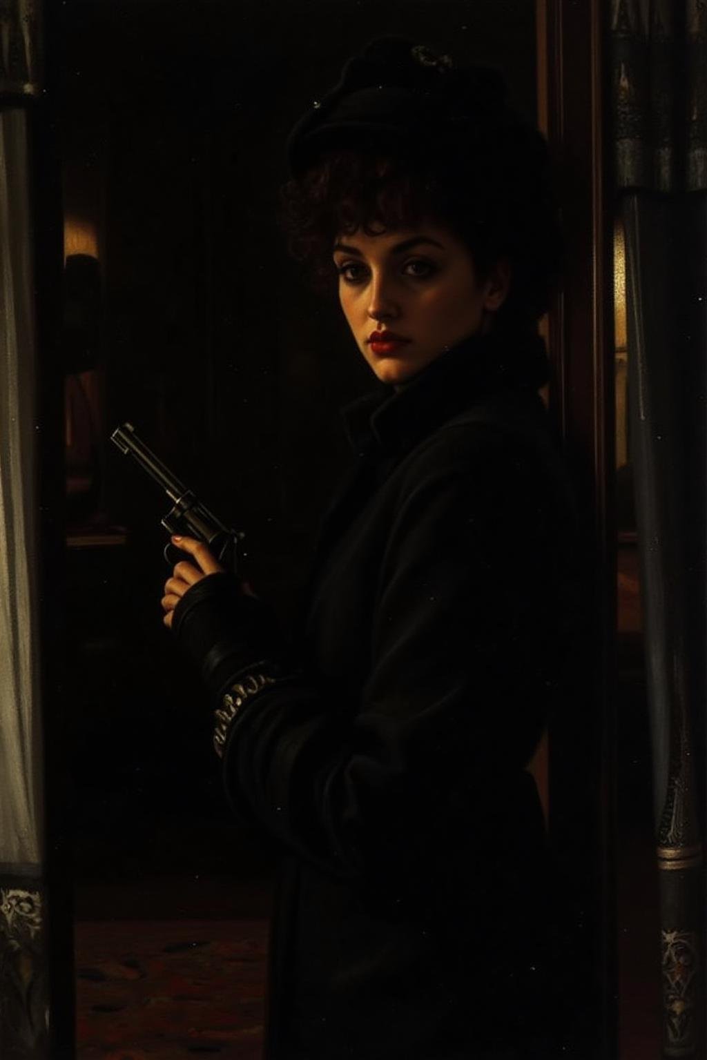 jati1 paintinga mysterious woman with dark,  wavy hair and piercing eyes stands in the shadows of a dimly lit room. She is...