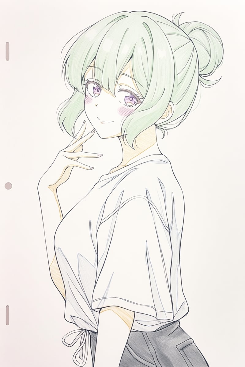 @ppst,  The image depicts a young woman with light green hair tied into a small bun at the back of her head. She has bangs...