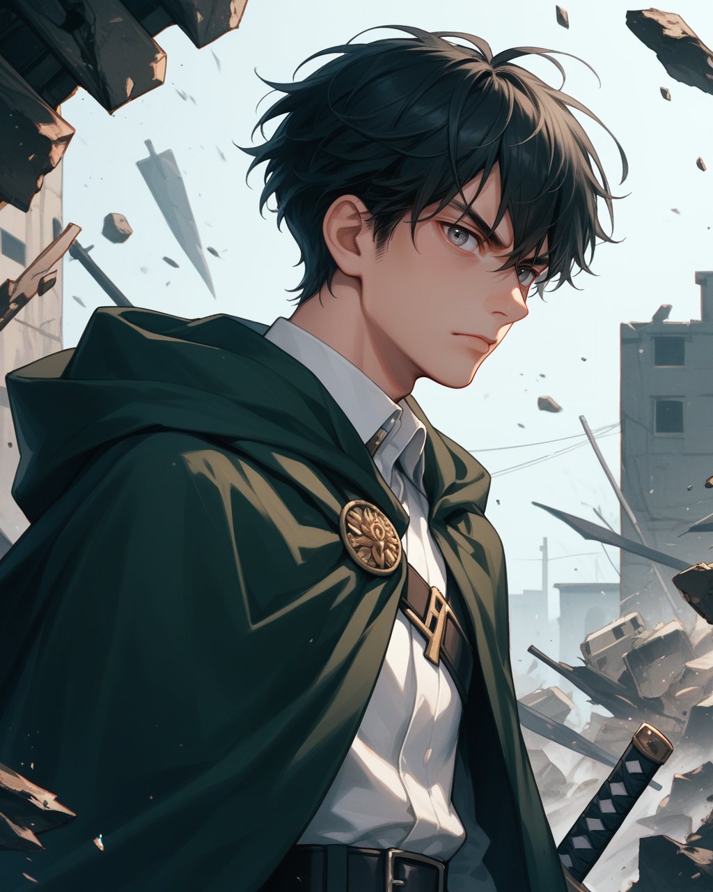 score_9, score_8_up, score_7_up, Highly detailed anime-style portrait of a young man with sharp, serious facial features. He has short, straight black hair and striking grey eyes. He is wearing a military uniform with a white shirt, dark green cloak, and a symbol resembling wings on his shoulder. The man has a cold, stoic expression, and his posture is strong and confident, ready for battle. He is holding two swords with vertical blades. The background is a battlefield with debris and destroyed buildings, resembling a dystopian world