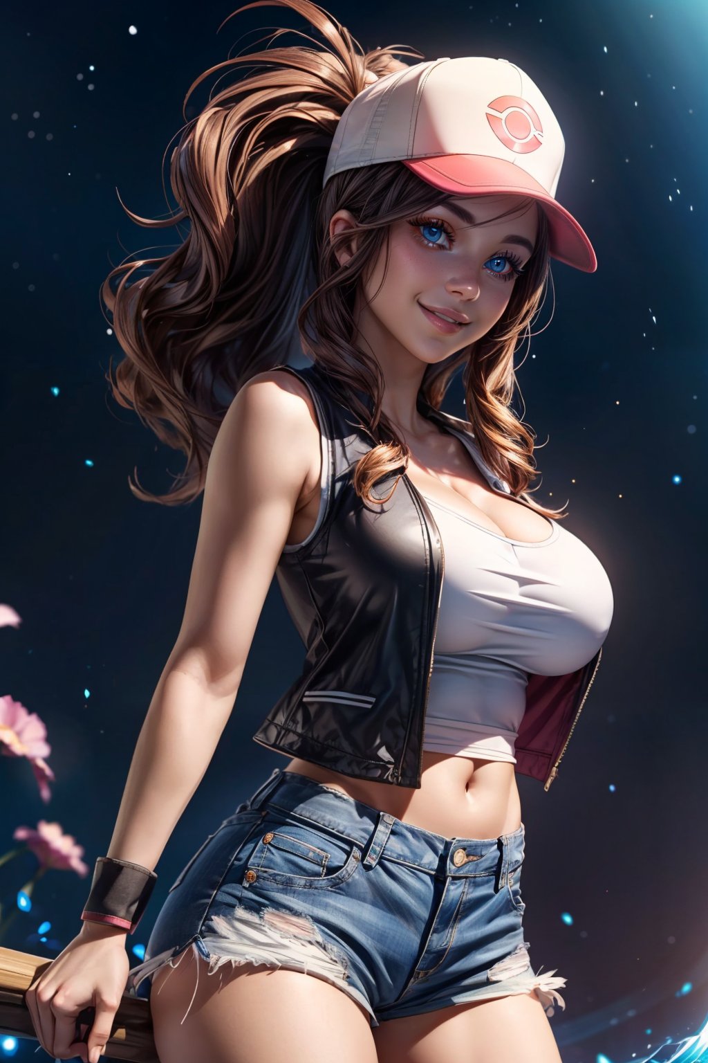 (ultra realistic,32k, masterpiece:1.2),(high detailed skin:1.1),( high quality:1.1),  <lora:HildaPokemon_v5:0.6>,   zzHilda, blue eyes, long hair, high ponytail, sidelocks,  hat, collarbone, white shirt, black vest, sleeveless, wristband, short shorts, denim shorts, exposed pocket,  wide hips, solo, smile, looking at viewer, cowboy shot,  blooming stars, luminescent petals, otherworldly fragrance blurry background, (looking at viewer, standing:1.1), huge breast, large breast, <lora:add_detail:0.92>, (glowwave:1.1),