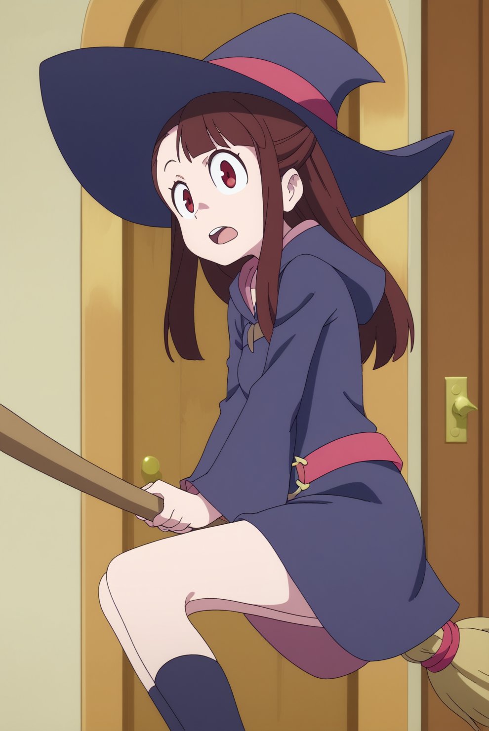 Atsuko_Kagari, solo, broom riding, witch, witch hat <lora:Little_Witch_Academia-Atsuko_Kagari-PDXL:0.8>