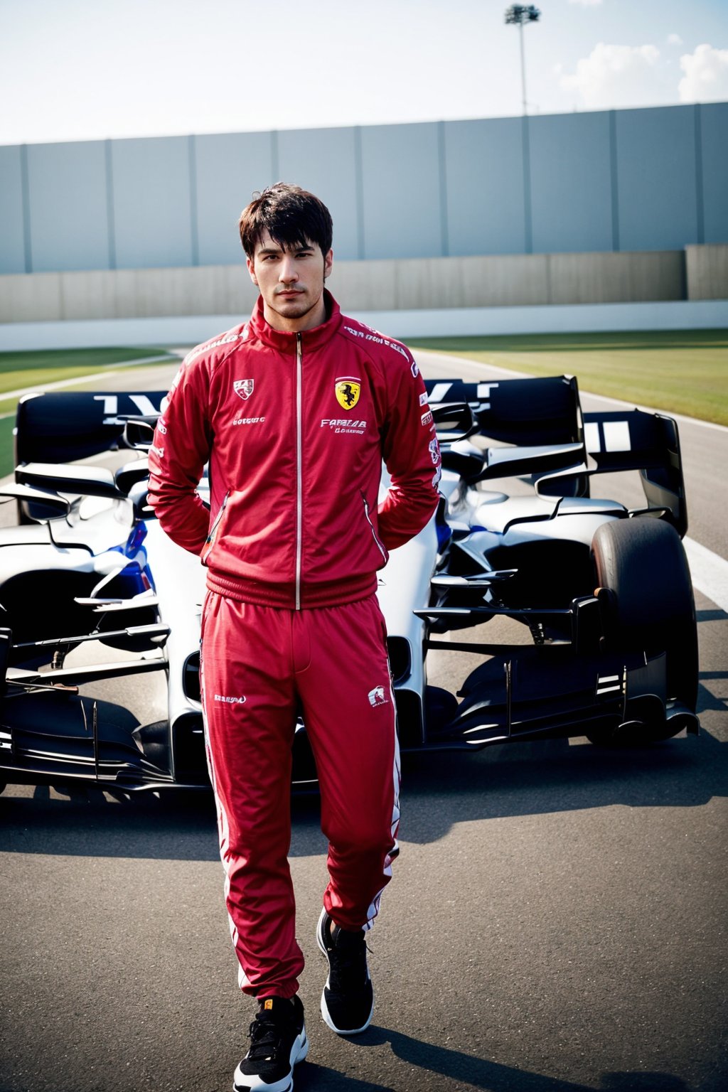 adult man, posing to viewer, solo:1, pov, (face upward:0.37), ferrari F1 background, long shot, full body, sport suit