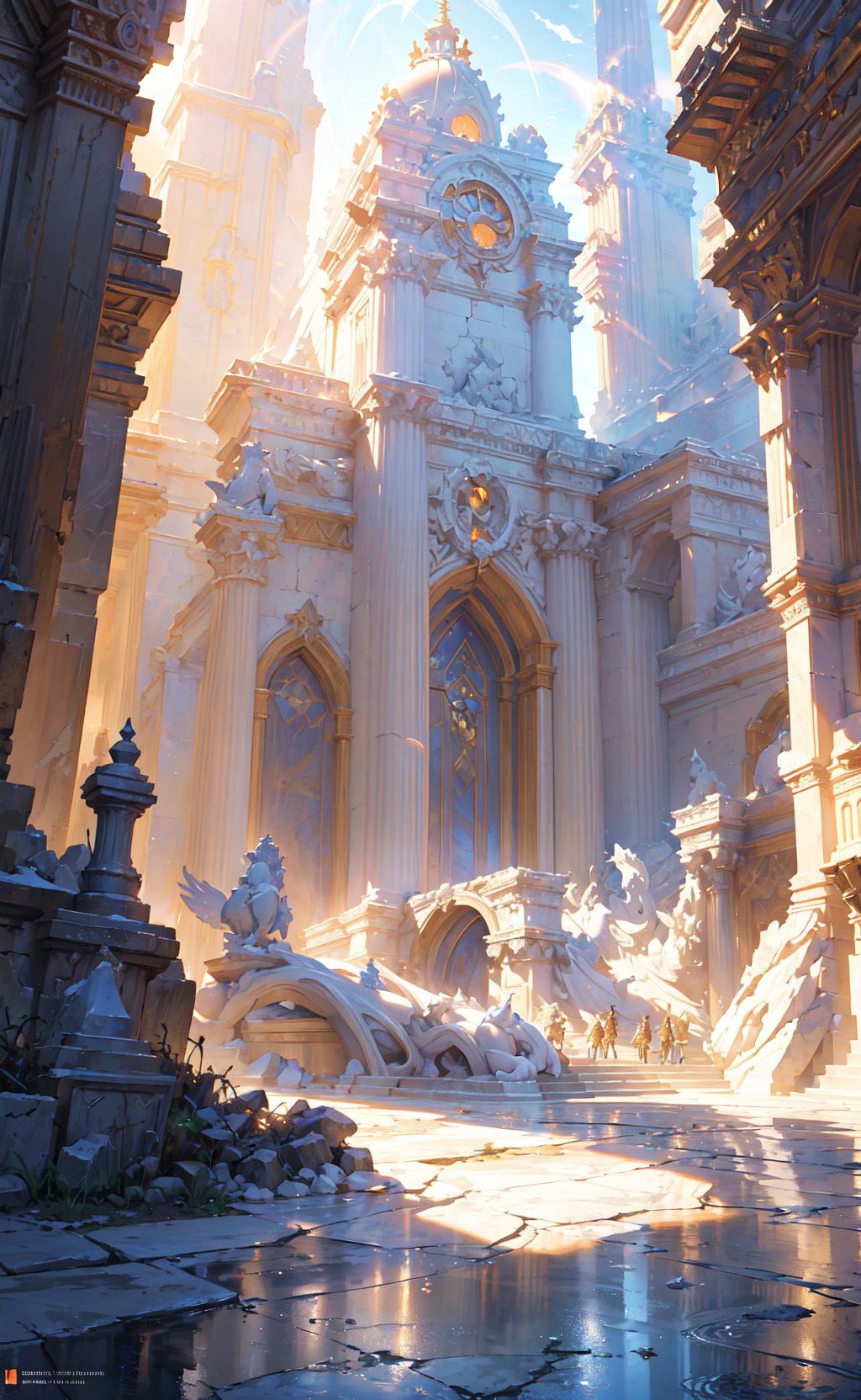 masterpiece, best quality, detailed background, the forgotten city made of white marble, grand, epic, fantasy, mystical, sunbeam, soft lighting, volumetric lighting