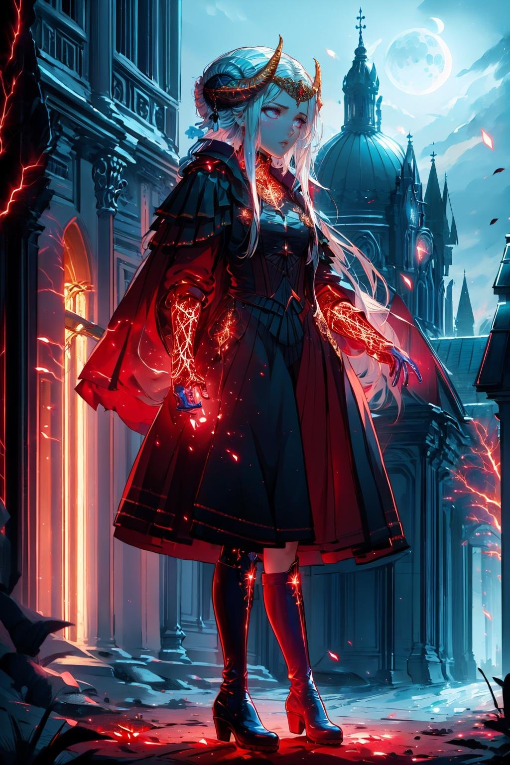 masterpiece, best quality,    <lora:glowingveins-nvwls-v1-000012:1> 1girl, glowingveins, red theme, glowing veins,  <lora:edelgard-nvwls-v1-final:0.8> edelgard_timeskip, crown, horns, red dress, red gloves, black boots, moon, furrowed brow, aura