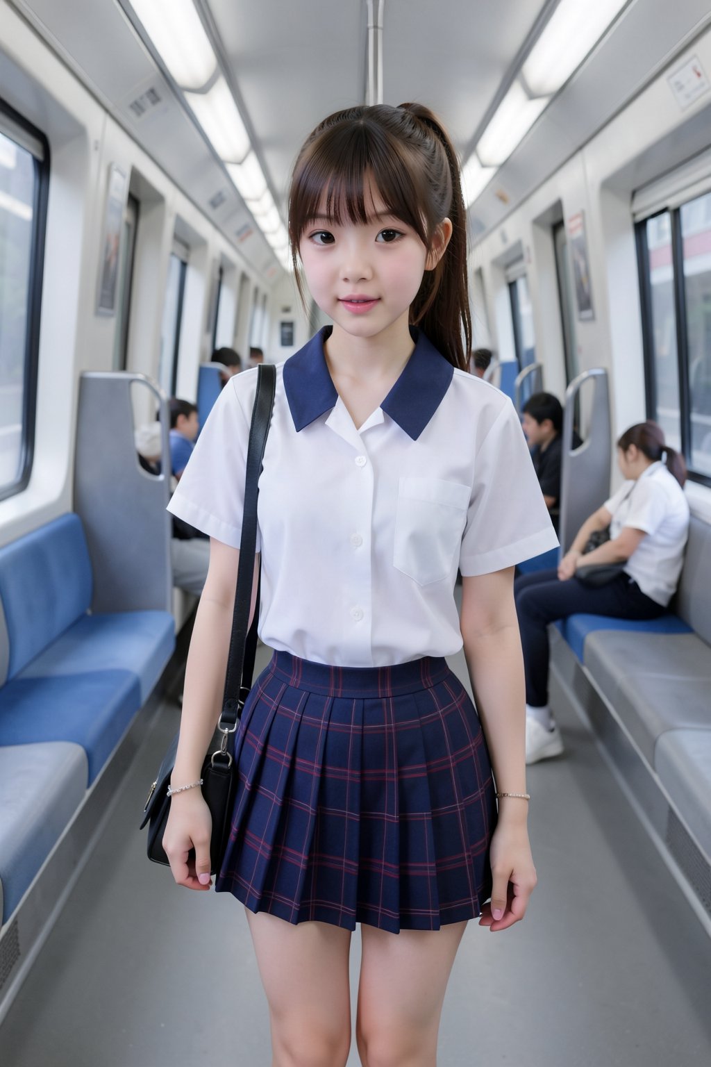 The image is a high-resolution photograph taken inside a modern,  brightly lit subway car. The subject is a young Asian wo...