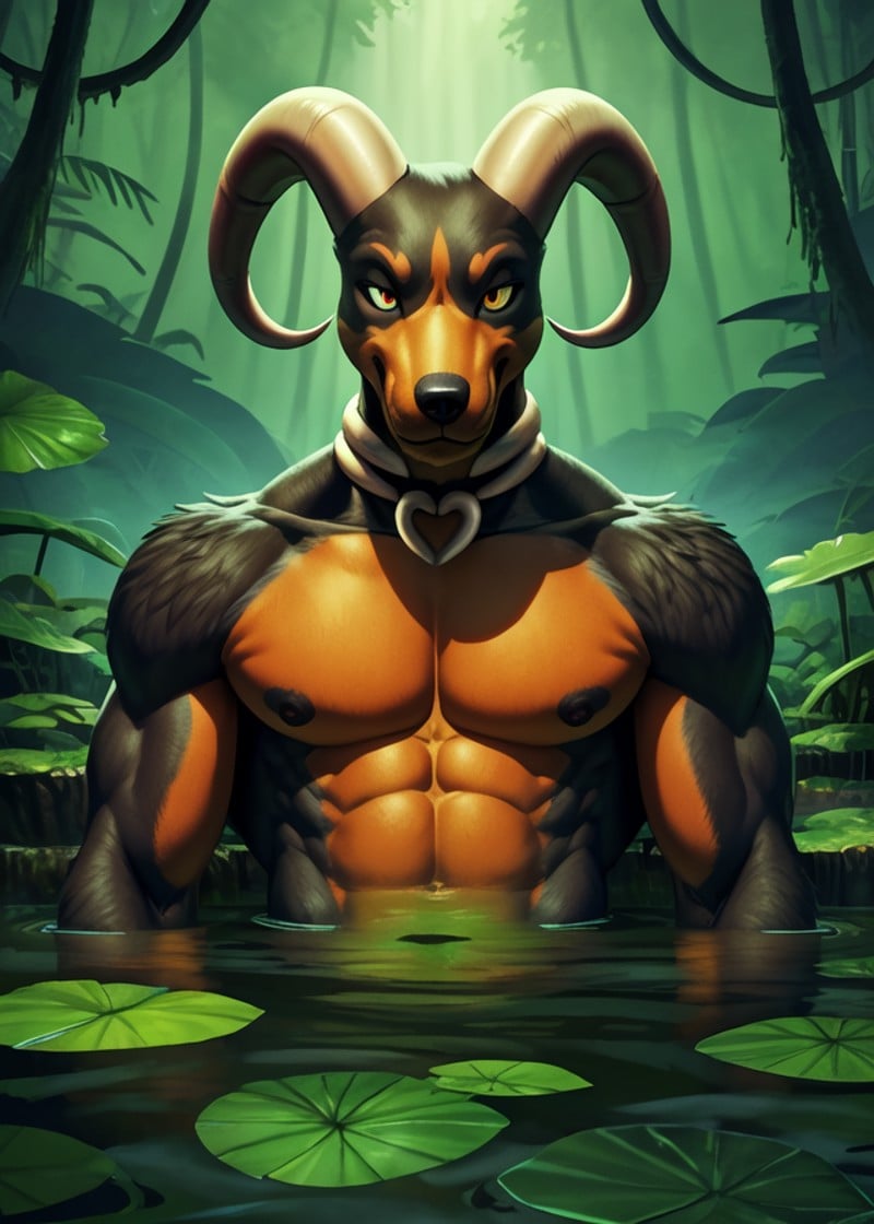 (by Hideyuki Kikuchi, by Voidlesky, by Kenno Arkkan, by Blanche Hoschedé Monet), athletic male (houndoom:1.25), (sitting in water, front view, reclining), (bust portrait, looking at viewer:1.2), reflection water, blacklight, BREAK, jungle, (swamp), lotus leaf, river, plant, night, glowing, foggy, foreground, detailed background, depth of field, ambient silhouette, masterpiece, best quality, light, 4k, 2k, photography