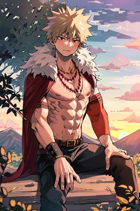 ((masterpiece,best quality, detailed)), 1boy, male focus, outdoors, mountain, horizon, nature, sunset, from side, sitting,bakugou katsuki, necklace, red cape, topless male, detached sleeves, belt, muscular, fur trim, black pants, looking at viewer