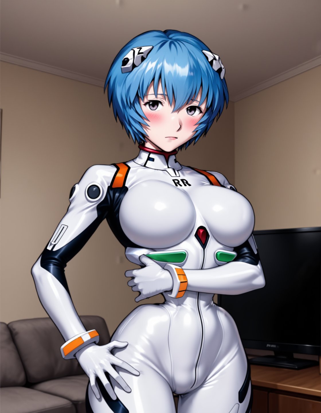 a photograph of rei ayanami. she has short,  blue hair with black highlights and wears a form-fitting,  futuristic suit th...