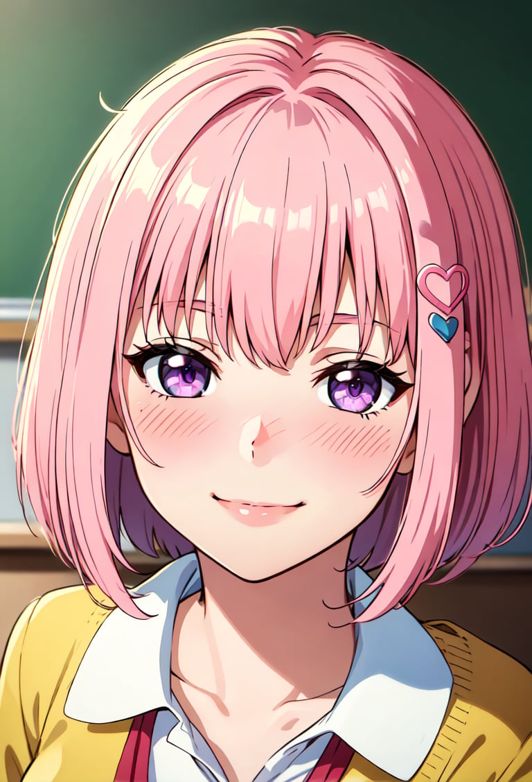 (best quality:1.1), (masterpiece:1.4), (absurdres:1.0), portrait, close up, 1girl, momo velia deviluke, hair ornament, bob cut, short hair pink hair, purple eyes, medium breasts, yellow school uniform, looking at viewer, classroom, (blush:1.2), smile