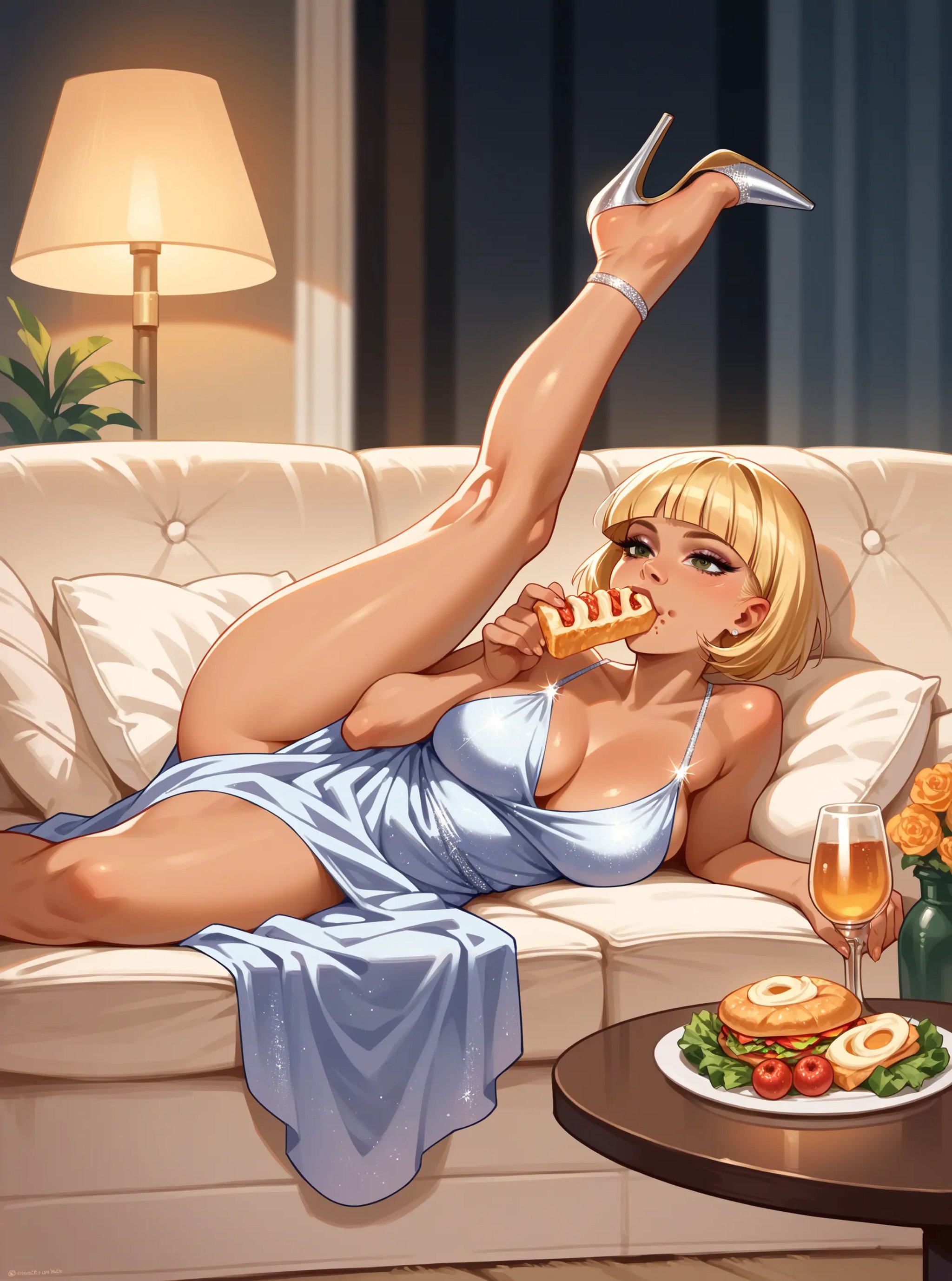 score_9, score_8_up, score_7_up, score_6_up, 1girl, blonde Caesar Cut with Skin Fade hair, large breasts, dress, high heels, hud_v_b_pse, lying, on side, leg up, flexible, <lora:legup:0.7>, couch, table, lamp, front view, eating, holding food, 