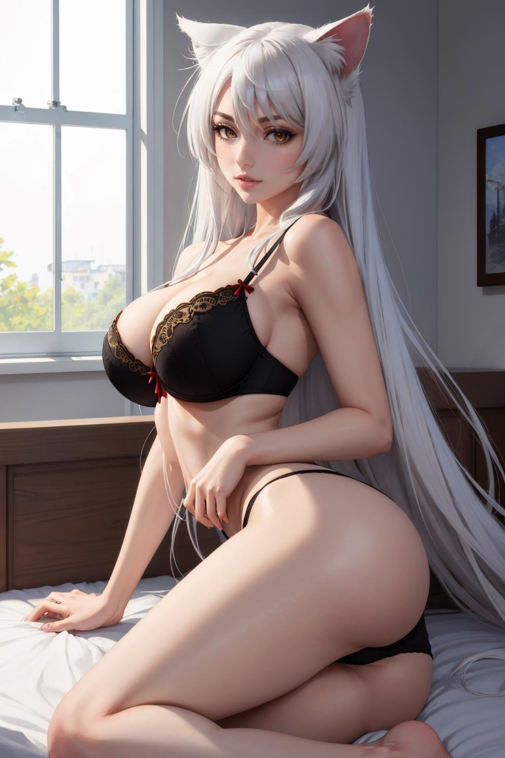 masterpiece, best quality, <lora:blkhanekawa-nvwls-v1-000009:0.9> blkhanekawa, very long hair, cat ears, slit pupils, large breasts, black bra, black panties, lying on side, from side, bed, looking at viewer, thighs