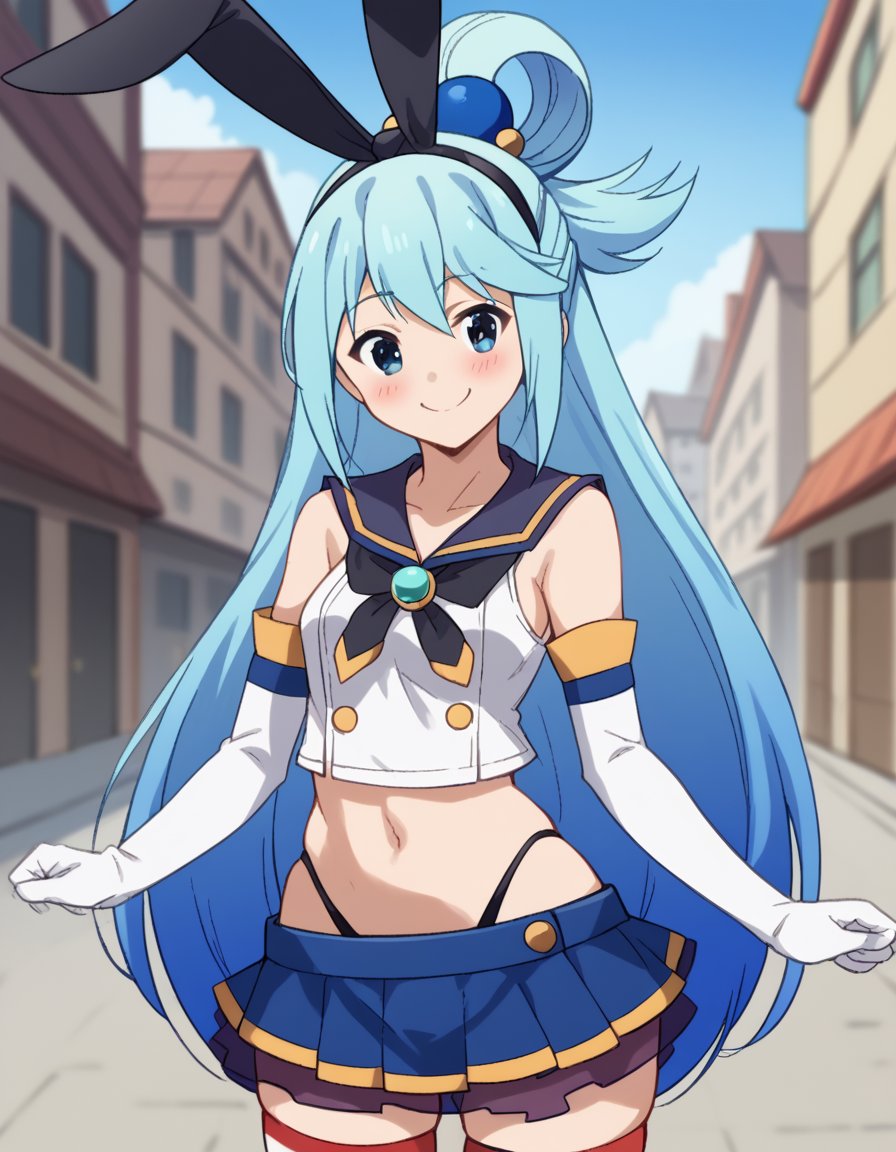 score_9, score_8_up, score_7_up, source_anime, konosubaaqua, <lora:konosuba-aqua-s2-ponyxl-lora-nochekaiser:1>, aqua (konosuba), long hair, blue eyes, hair ornament, very long hair, blue hair, hair rings, single hair ring, hair bobbles,, <lora:shimakaze-cosplay-ponyxl-lora-nochekaiser:1>, shimakazecosplay, shimakaze \(cosplay\), highleg panties, black neckerchief, microskirt, striped thighhighs, highleg, black panties, elbow gloves, thong, blue sailor collar, white  gloves, crop top, sailor collar, blue skirt, black hairband, bunny ears,, outdoors, streets, smile, blush,, cowboy shot, dutch angle, solo,