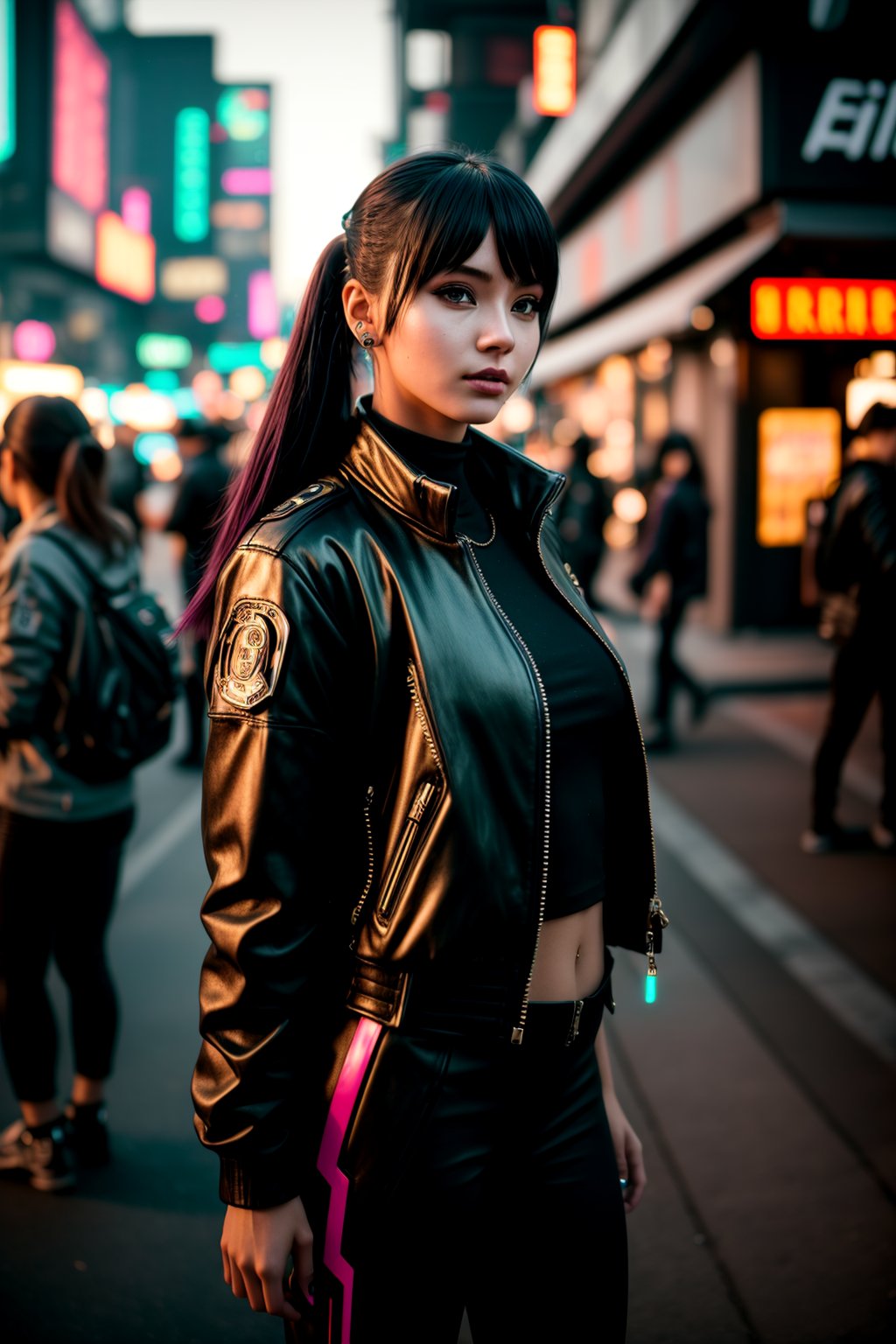 Medium candid 8k photography, (Stylish young woman in cyberpunk clothes:1.3), Candid composition, Street diner ambiance, Relaxed posture, (Urban surroundings:1.2), Bustling city crowd, Natural lighting, Shot with a Canon EOS 5D Mark IV, Ultra-high resolution, Genuine character