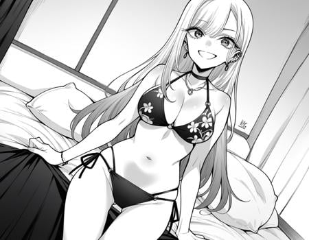 score_9, score_8_up, score_7_up, source_anime,marinkitagawa, <lora:marin-kitagawa-manga-ponyxl-lora-nochekaiser:1>,marin kitagawa, long hair, bangs, monochrome, greyscale,navel, cleavage, jewelry, swimsuit, bikini, earrings, choker, necklace, black bikini, side-tie bikini bottom, halterneck, black choker, piercing, floral print, ear piercing, string bikini, print bikini, multi-strapped bikini, barbell piercing, industrial piercing,indoors, bed, bed room, smile,looking at viewer, cowboy shot, dutch angle, solo,