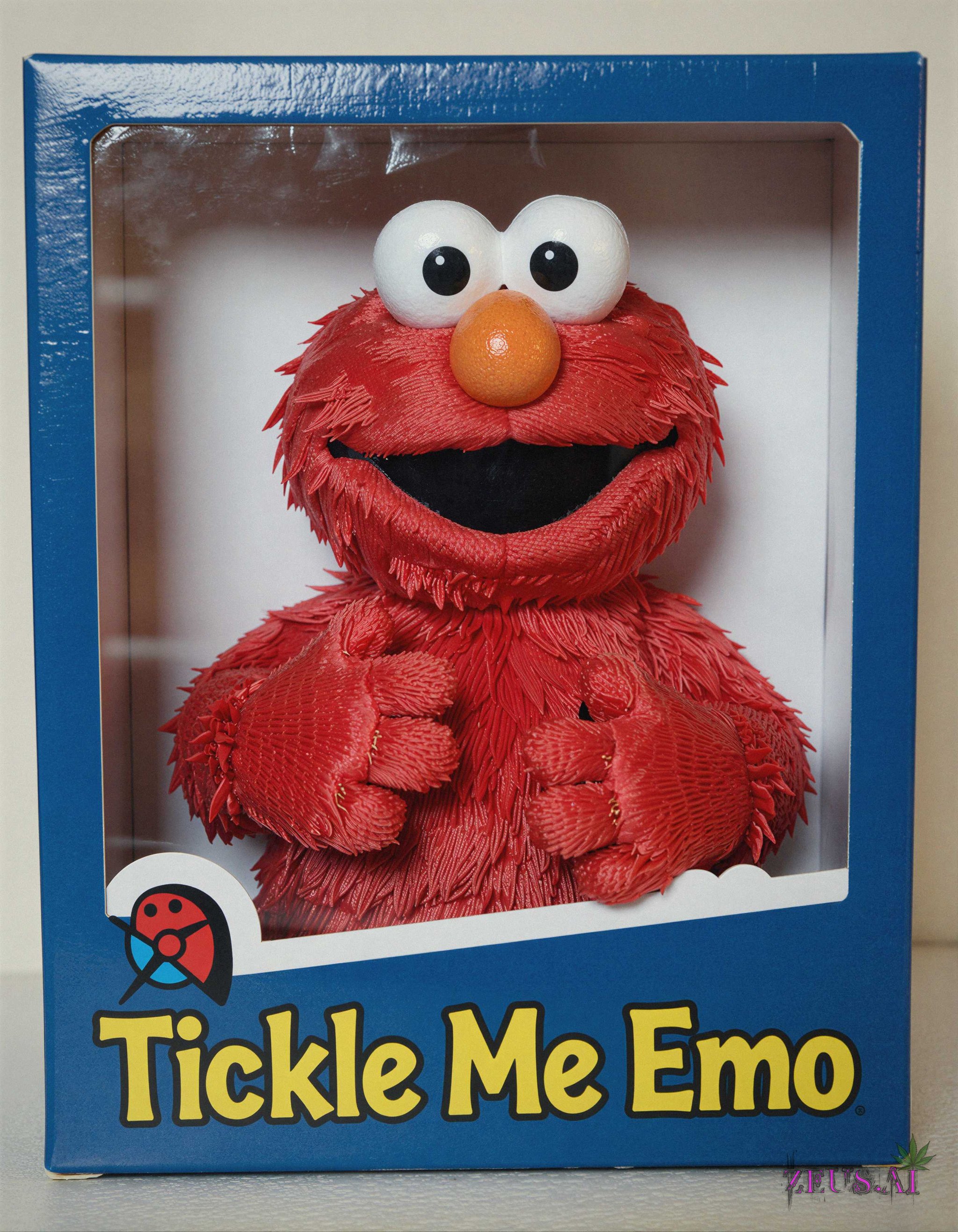 This is a "tickle me elmo" in its original box. I want you to rename it to "Tickle Me Emo",  give everything an Emo theme,...