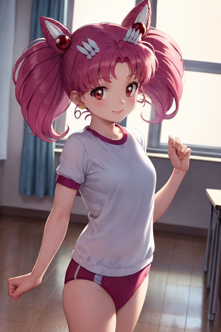 masterpiece, best quality,1girl, chibiusa, pink hair, twintails, cone hair bun, double bun,  red eyes, earrings, hair ornament, tiara, hairpin,gym uniform, white shirt, red buruma,smile, standing, solo, looking at viewer, indoors, classroom background    <lora:Chibiusa:1>