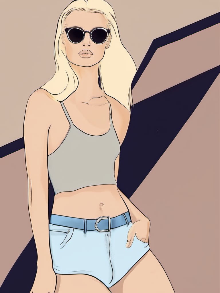 1NK , <lora:1NK:1>,The image shows a young woman with long blonde hair and tattoos on her arms and legs. She is wearing a white crop top and black thong bottoms. She has a pair of sunglasses on her head and is looking off to the side with a slight smile on her face. The background is a light beige color. The illustration is done in a sketch-like style with loose lines and shading.