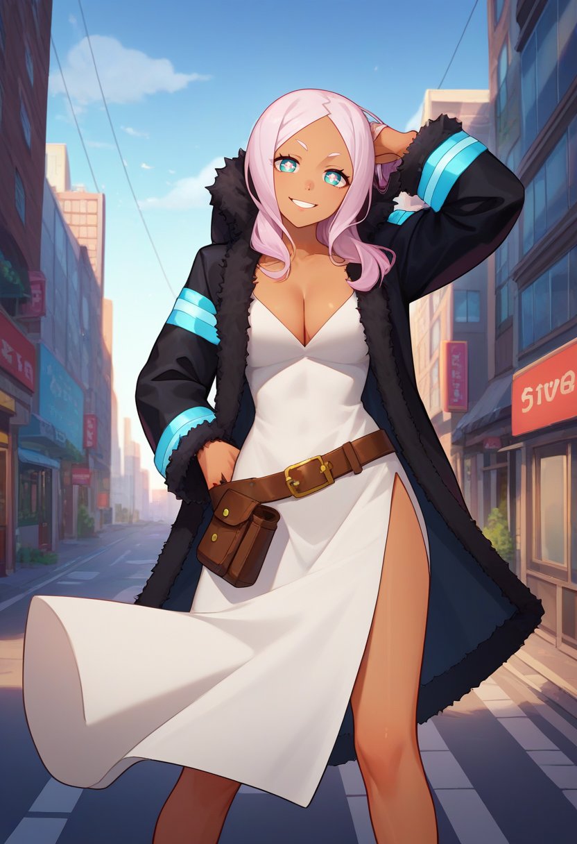 score_9, score_8_up, score_7_up, source_anime, solo, 1girl, princesshibana, dark skin, smile, looking at viewer, standing, hand in own hair, symbol-shaped pupils, fur trim, black coat, fur coat, open coat, long sleeves, white dress, side slit, belt pouch, cleavage, outdoors, city street <lora:fireforce_hibana_ponyXL:1>