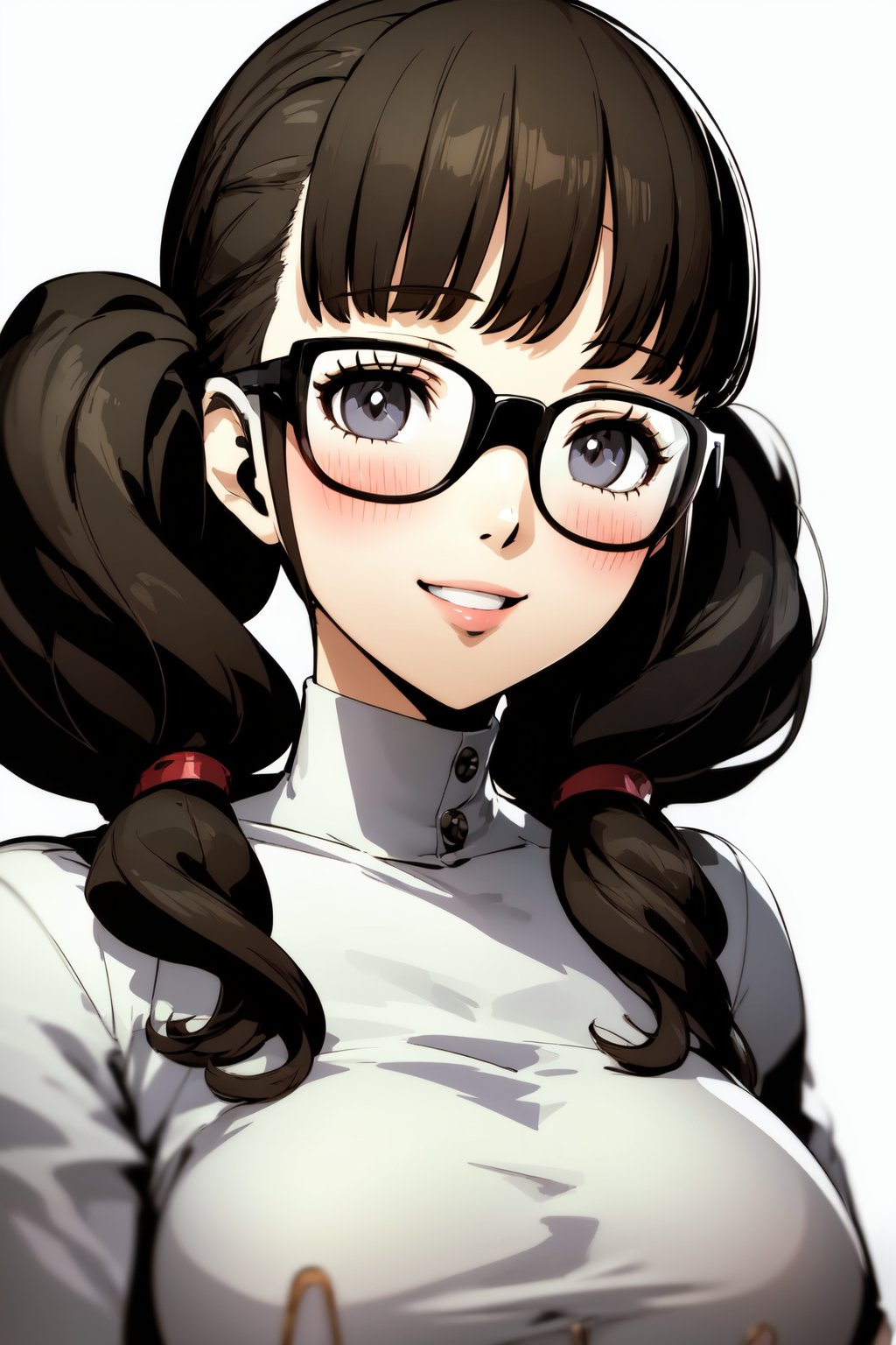 1girl,solo,smile,blush,twintails,blunt bangs,glasses,portrait, <lora:persona 5 style:1>