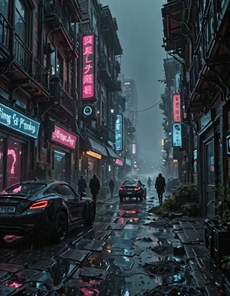 A rain-soaked alley glows under layers of neon signage,  where electric pinks,  icy blues by user_720431629750874608 on Te...