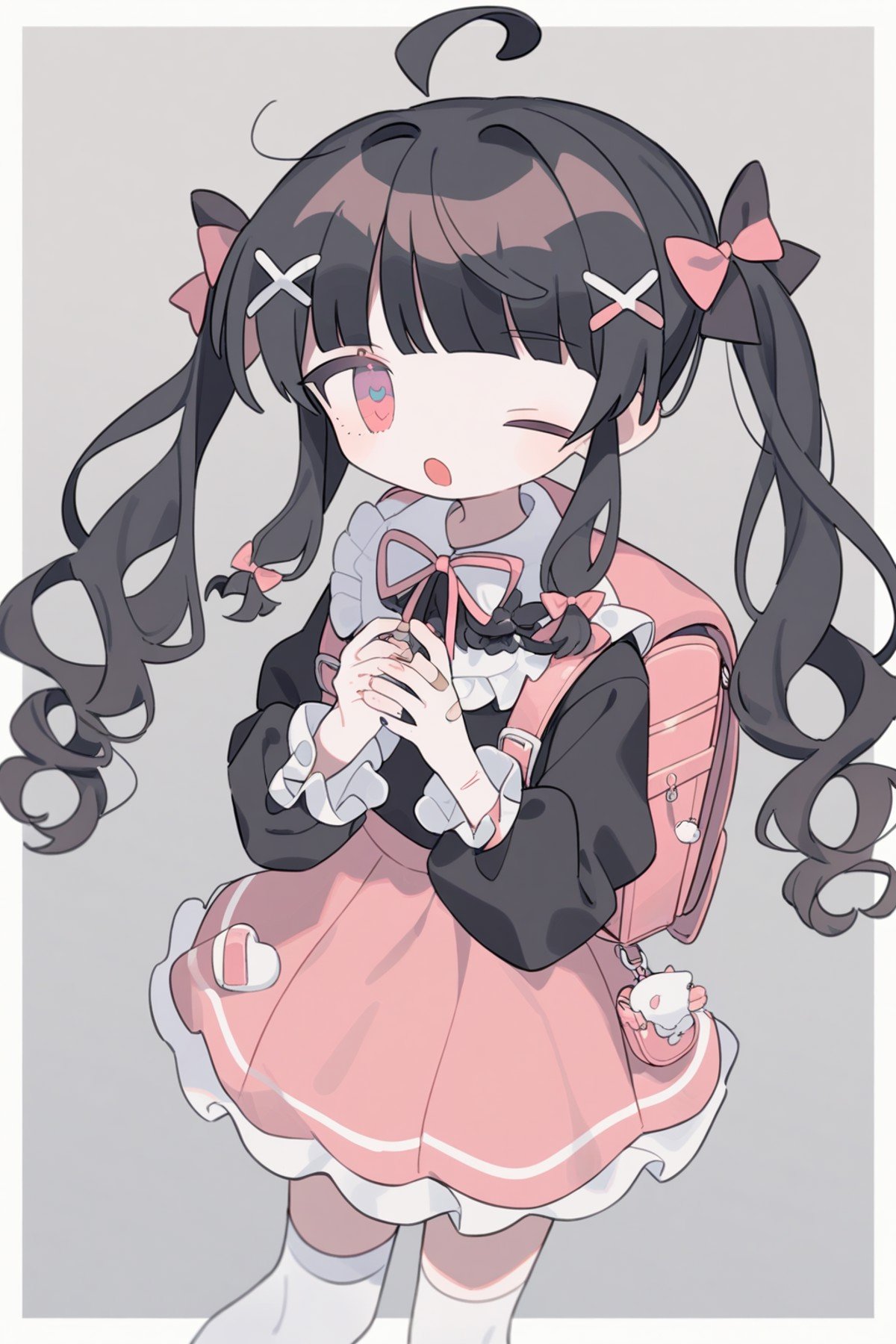 <lora:kumityo_XL:1>,1girl, solo, bandaid, backpack, bag, long sleeves, one eye closed, bangs, skirt, hair ornament, ahoge, bow, thighhighs, black hair, looking at viewer, bandaid on leg, shirt, twintails, x hair ornament, hairclip, hands up, white thighhighs, hair bow, pink skirt, ribbon, charm (object), open mouth, frills, pink bow, randoseru, own hands together, simple background, black bow, frilled sleeves, black shirt, wavy hair, puffy sleeves, puffy long sleeves, cowboy shot, border, pink bag, long hair, grey background, outside border, hair ribbon, gradient eyes, white background, sidelocks, standing, no nose, multicolored eyes, pink ribbon, film grain, cross-laced clothes, white border, red eyes, zettai ryouiki, frilled shirt collar, holding, black ribbon, bandaid on hand, bandaid on knee, shirt tucked in, blunt bangs, feet out of frame, bag charm, swept bangs, heart