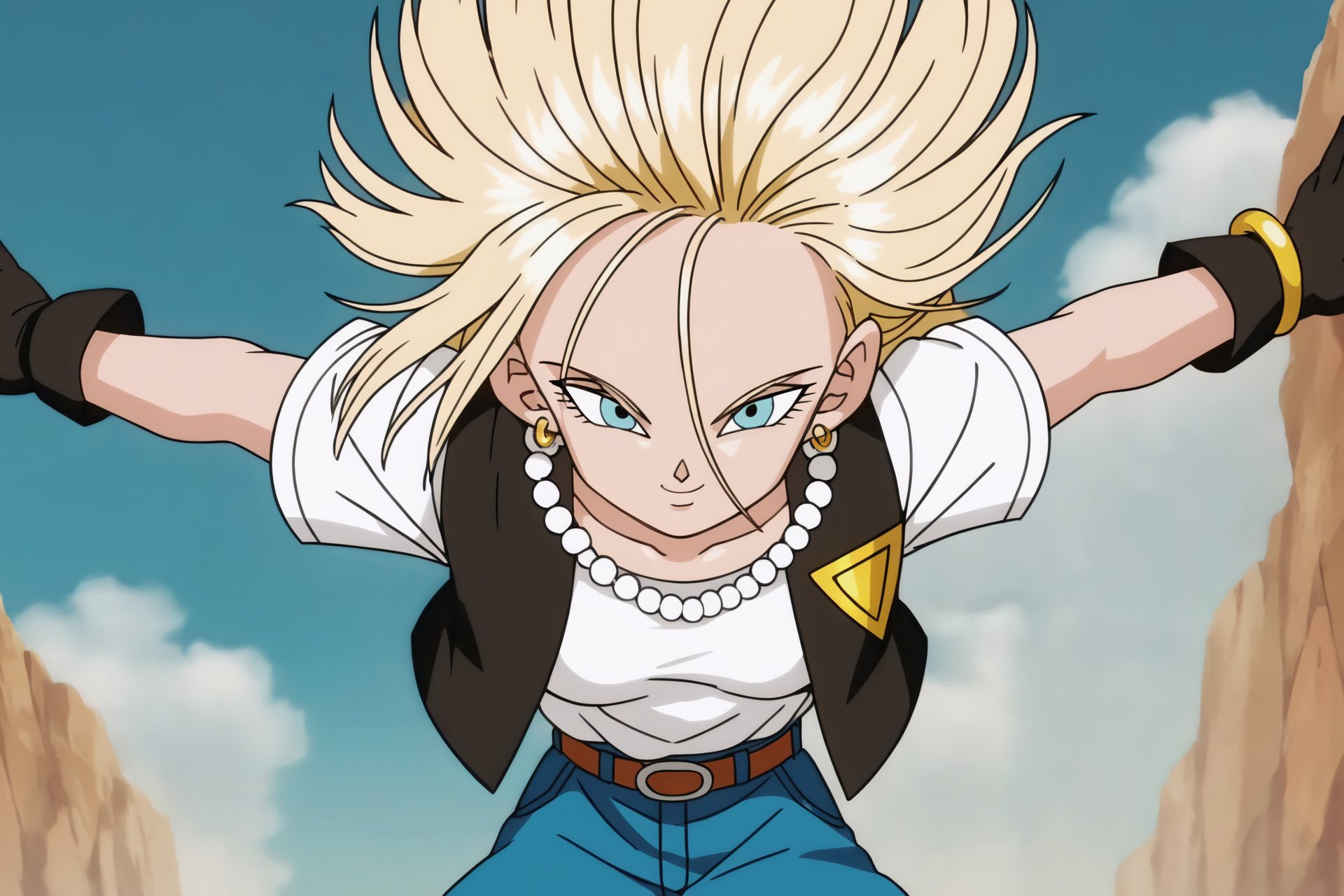 source_anime, score_9, score_8_up, score_7_up, anime screencap,android 18, 1girl, solo, breasts, looking at viewer, smile, blue eyes, blonde hair, gloves, flying, closed mouth, short sleeves, t-shirt, shirt tucked in, forehead, white t-shirt, hoop earrings, black gloves, necklace, vest, bracelet, outstretched arms, blue, badge, pearl necklace, cell saga, collarbone, floating hair, black vest, cloud, <lora:c18_pony_v1:0.8>