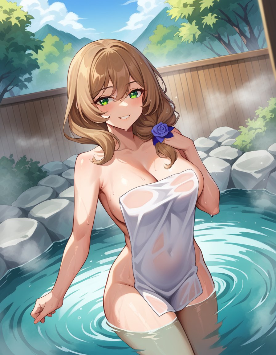 score_9, score_8_up, score_7_up, source_anime,lisaminci, <lora:lisa-minci-ponyxl-lora-nochekaiser:1>,lisa minci, brown hair, green eyes, long hair, low tied hair, smile,nude, naked, outdoors, onsen, towel, naked towel, steam, bathing, nude cover, partially submerged, water, bath, steam censor, wet towel,looking at viewer, cowboy shot, dutch angle,