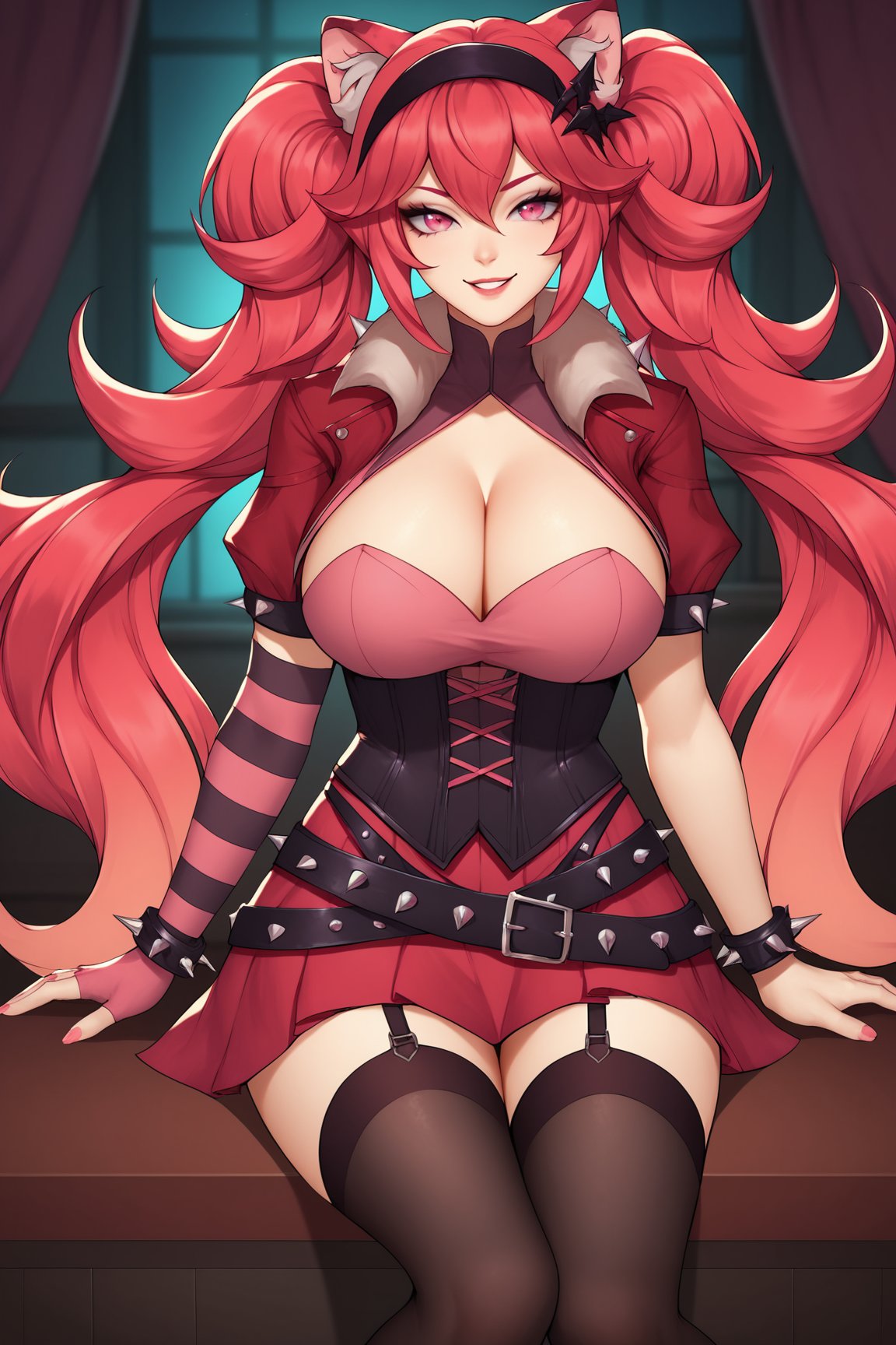 score_9, score_8_up, score_7_up, score_6_up, score_5_up, score_4_up, LunariaVTXL, pink eyes, red hair, bangs, sidelocks, long hair, twintails, animal ears, hairband, large breasts, red jacket, cleavage, corset, spiked bracelet, single right elbow gloves, pink fingerless gloves, red skirt, belt, garter straps, fishnet thighhighs, black thighhighs, sitting, seductive smile, looking at viewer, indoors <lora:LunariaVTXL:0.8>