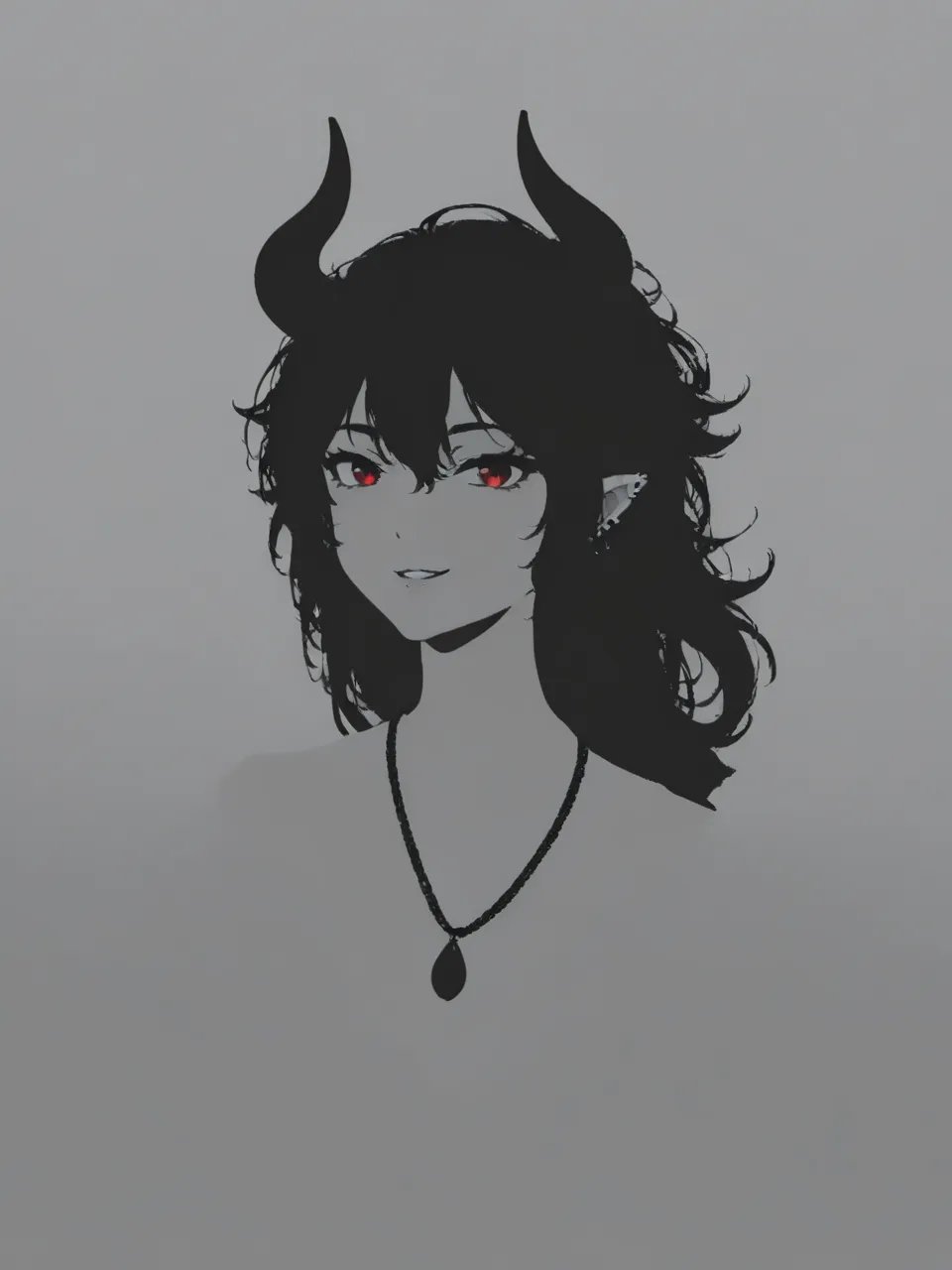 1girl,    inkstyle, monochrome, greyscale, silhouette, greyscale, white backgroundmasterpiece, ear piercing, horns, smile, jewelry, oni, solo, hatching \(texture\), oni horns, portrait, necklace, looking at viewer, pointy ears, parted lips, long hair, piercing, pendant, collarbone, earrings, slit pupils, straight-on, hair between eyes, simple background, hoop earrings, single horn, linear hatching, curled horns, newest, absurdres, safe <lora:inkstyle:1>